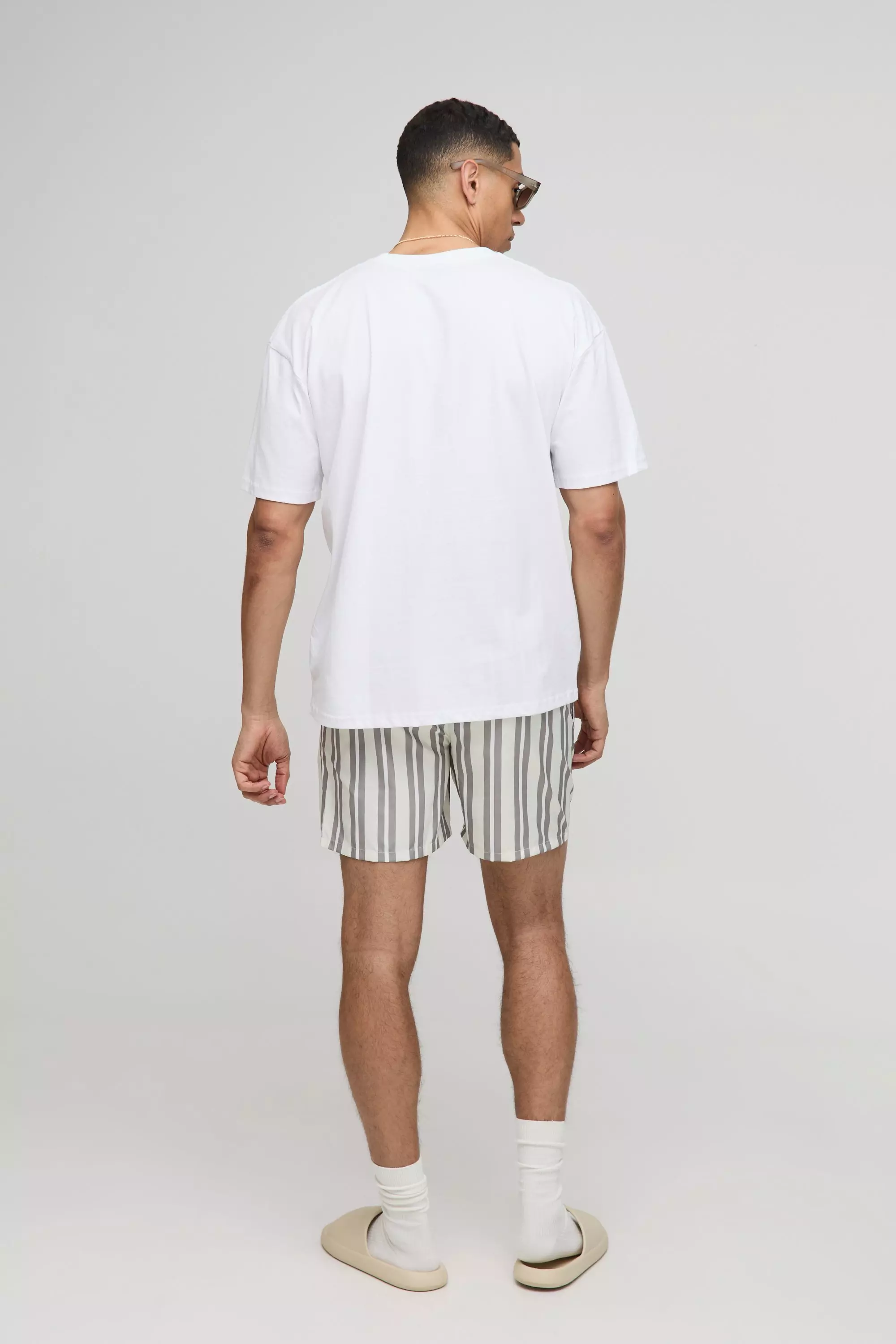 Regular Mid Length Stripe Swim Trunks | boohooMAN USA