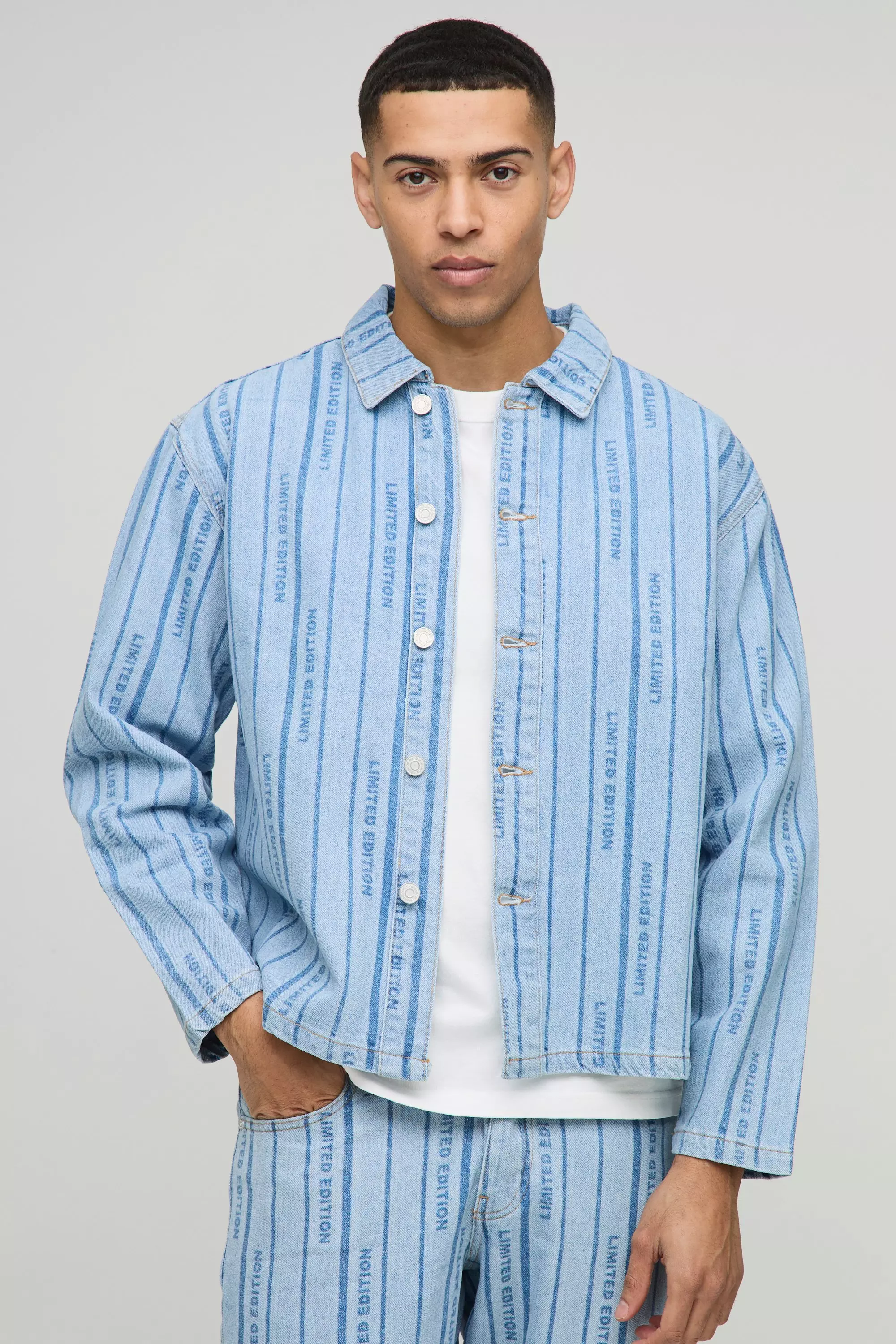 Long Sleeve Boxy Laser Print Striped Denim Shirt Jacket | boohooMAN USA