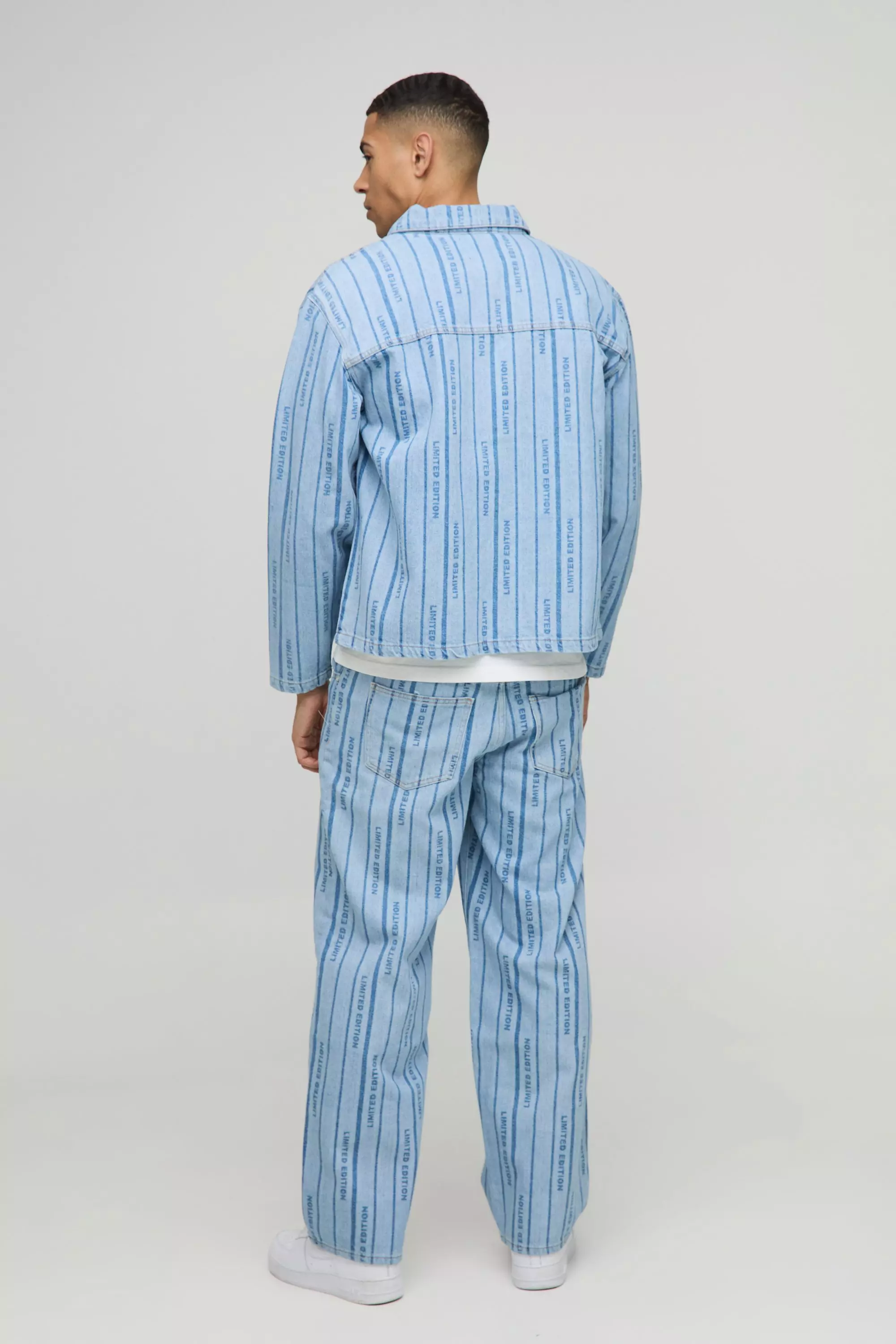 Long Sleeve Boxy Laser Print Striped Denim Shirt Jacket | boohooMAN USA