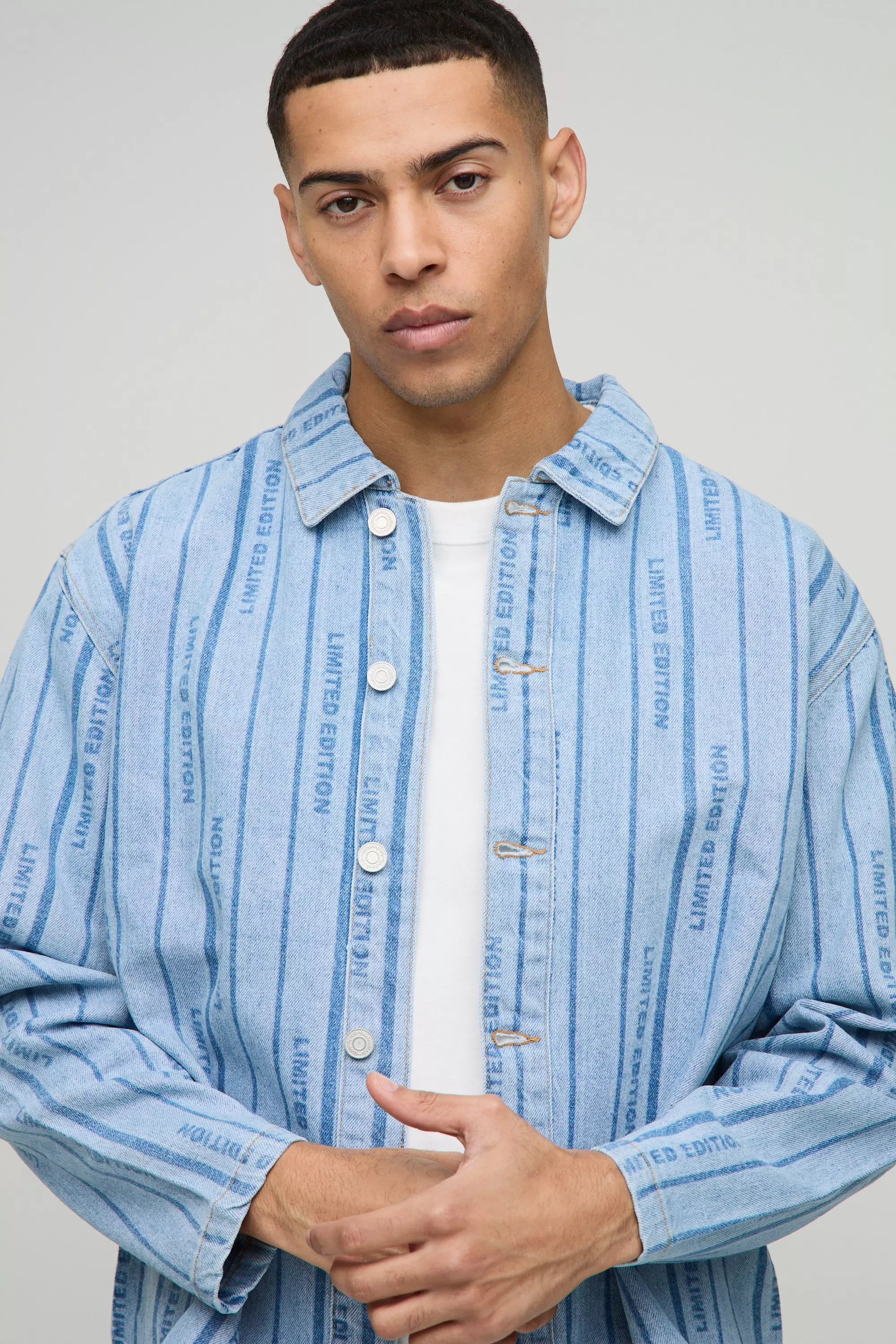 Long Sleeve Boxy Laser Print Striped Denim Shirt Jacket | boohooMAN USA