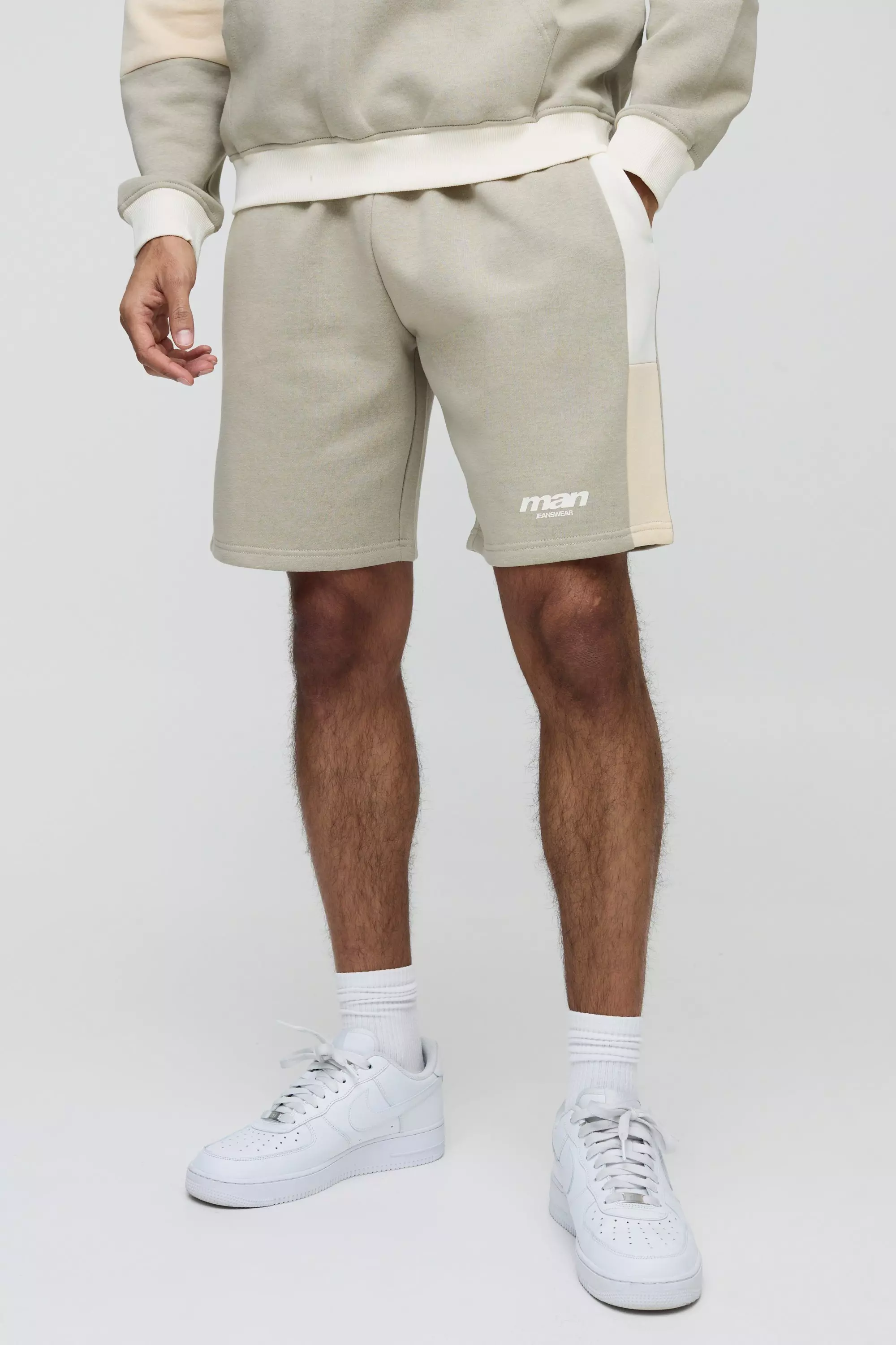 Relaxed Fit Man Colour Block Mid Length Shorts Stone