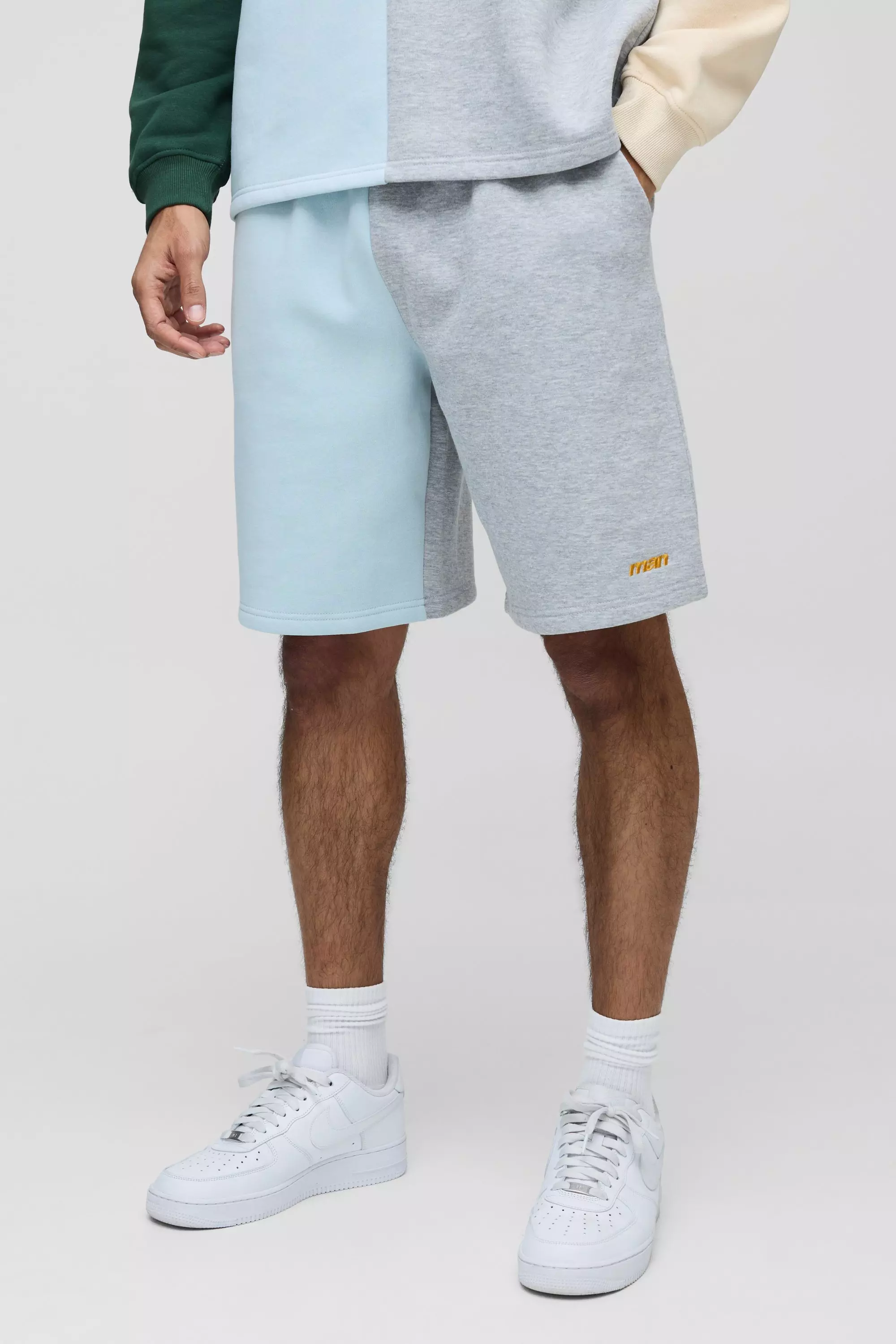 Oversized Man Colour Block Long Length Shorts Light blue