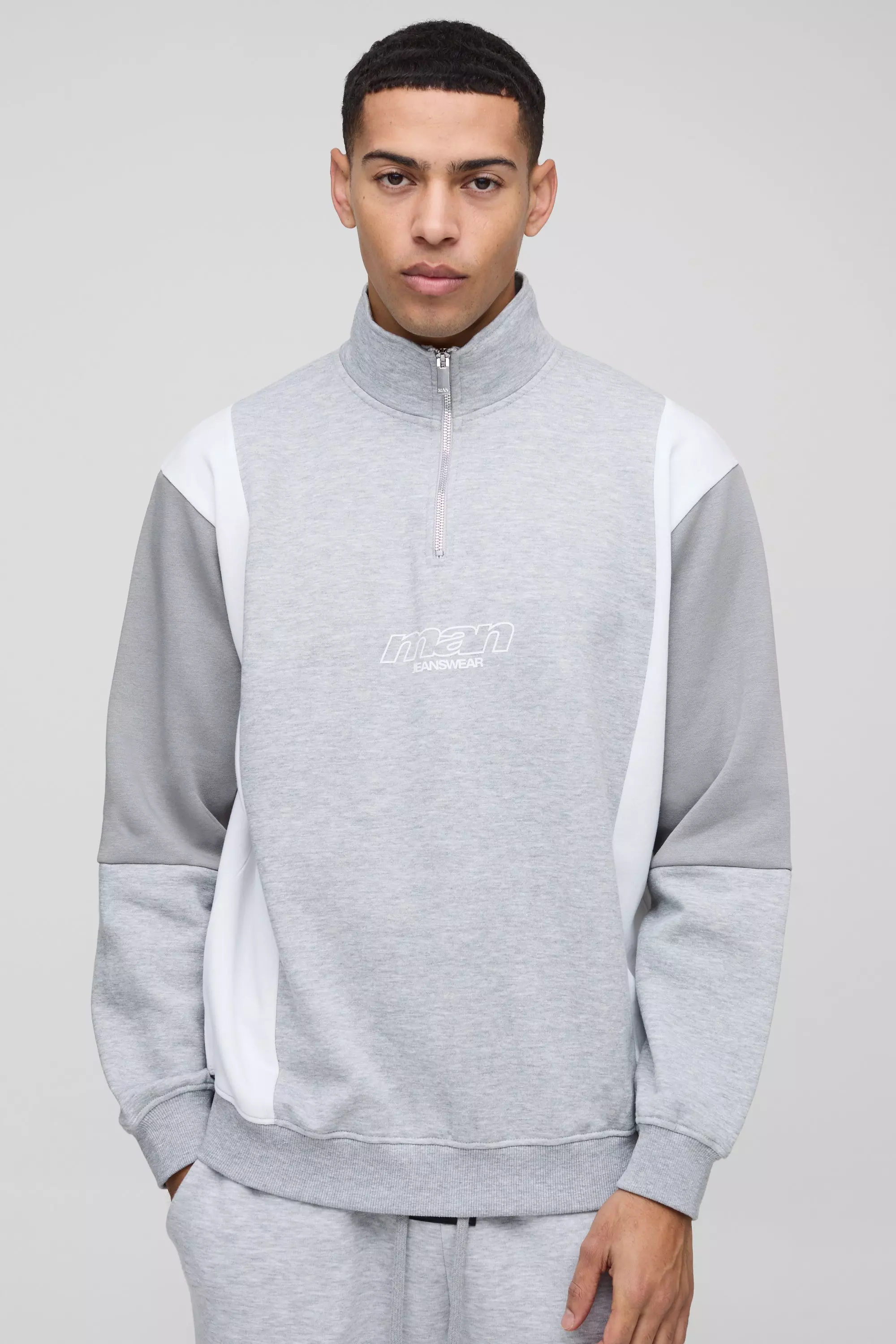 Oversized Man Colour Block Zip Funnel Neck Sweatshirt Grey marl