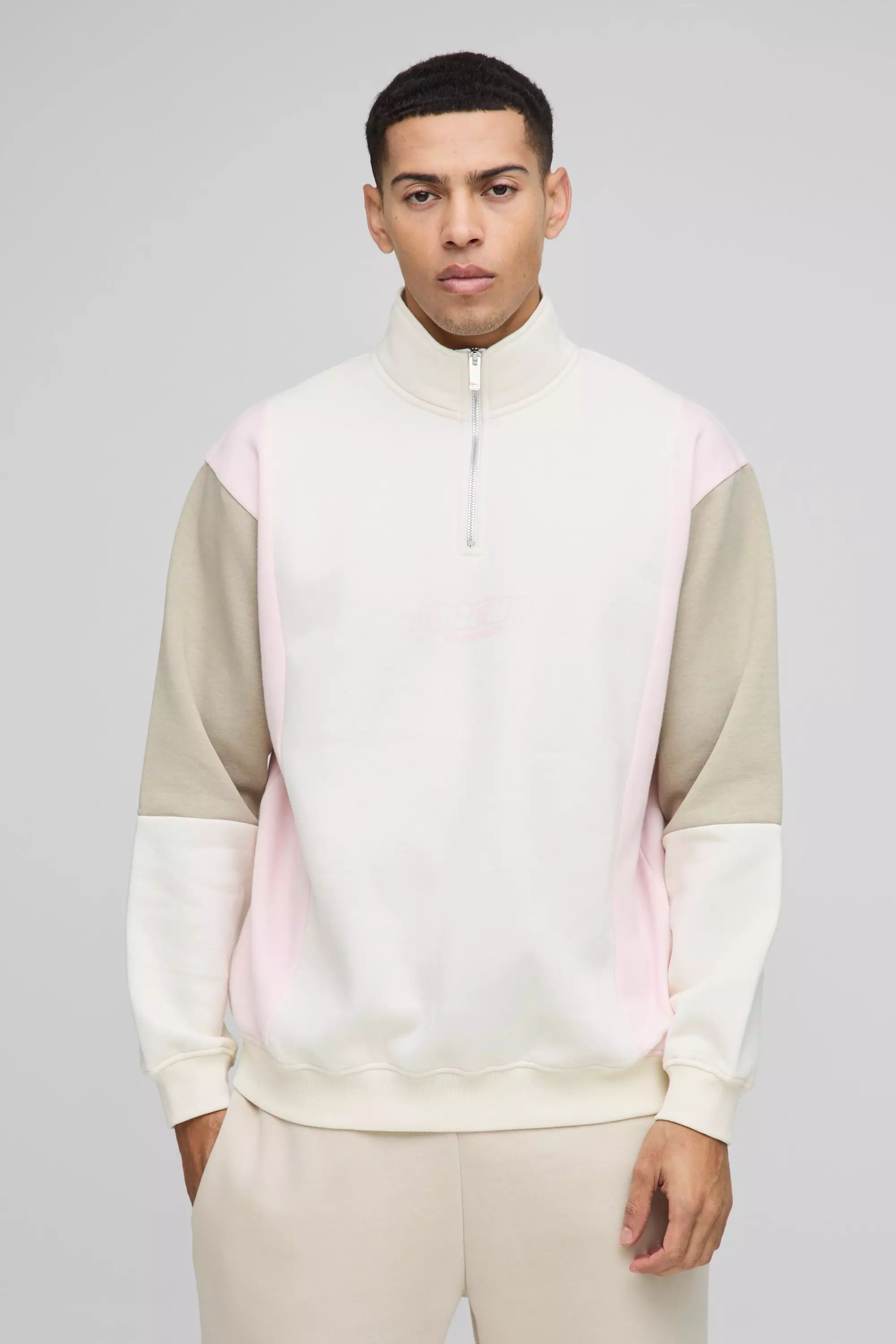 Oversized Man Colour Block Zip Funnel Neck Sweatshirt Ecru