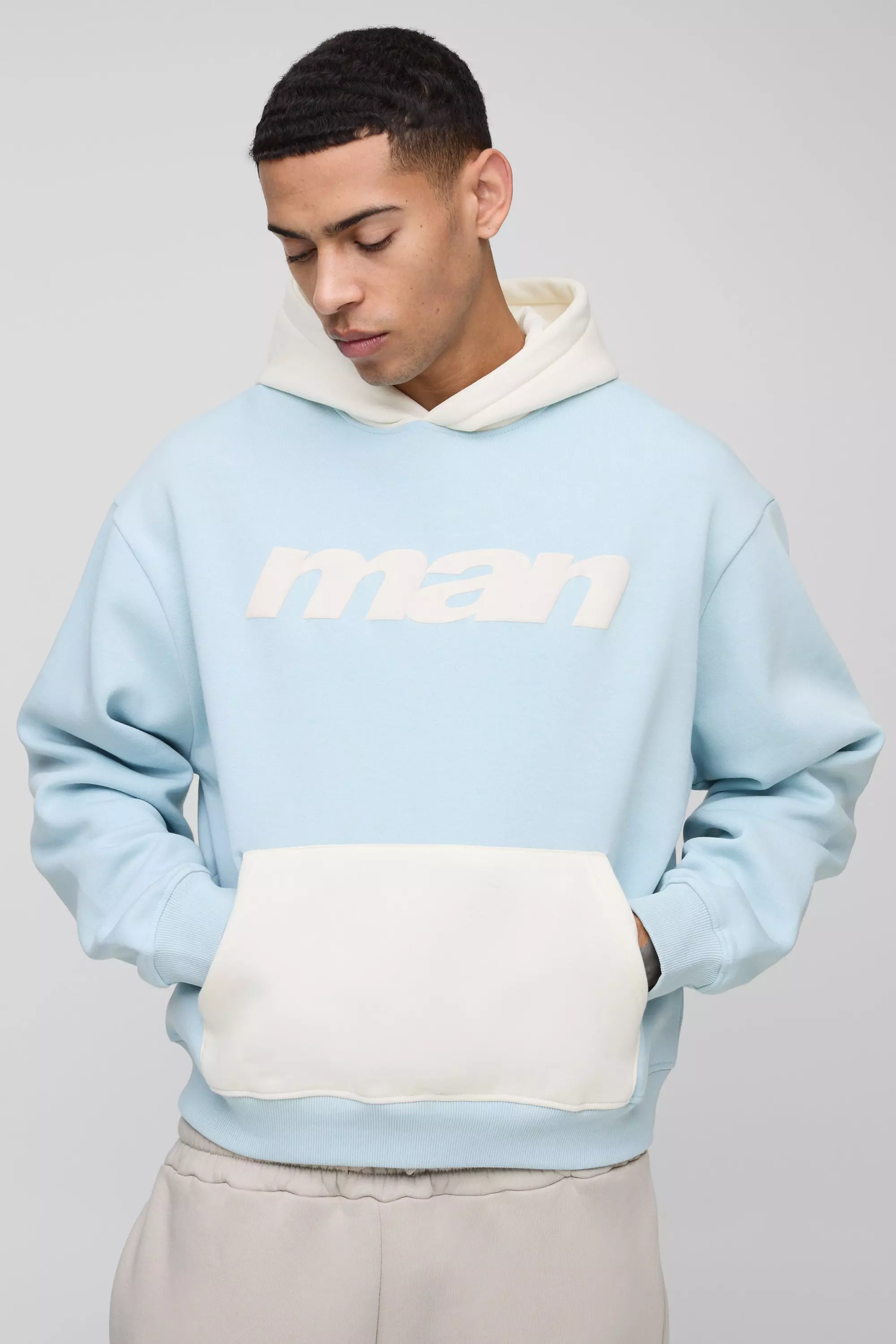 Oversized Boxy Man Colour Block Hoodie Light blue