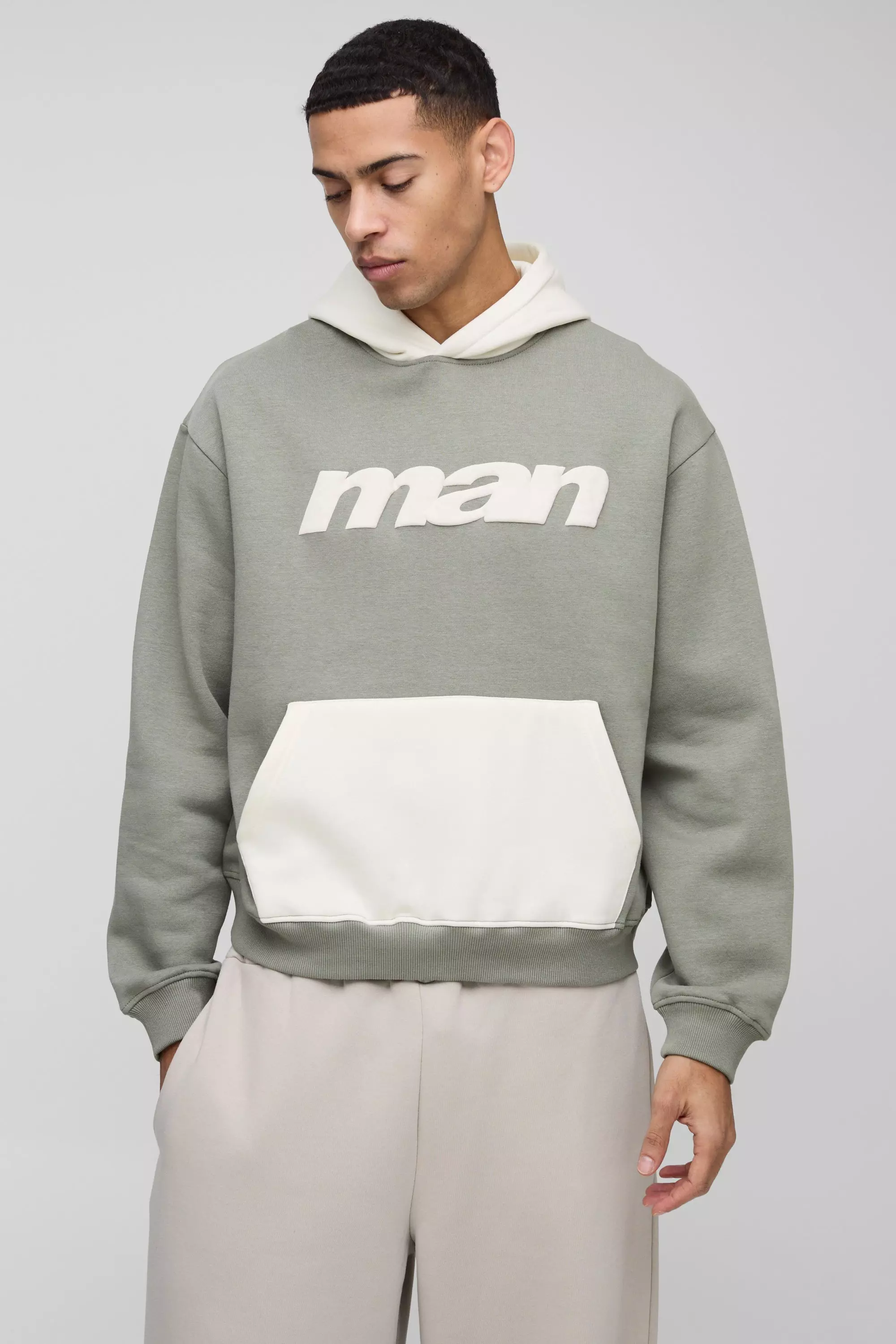 Oversized Boxy Man Colour Block Hoodie Sage