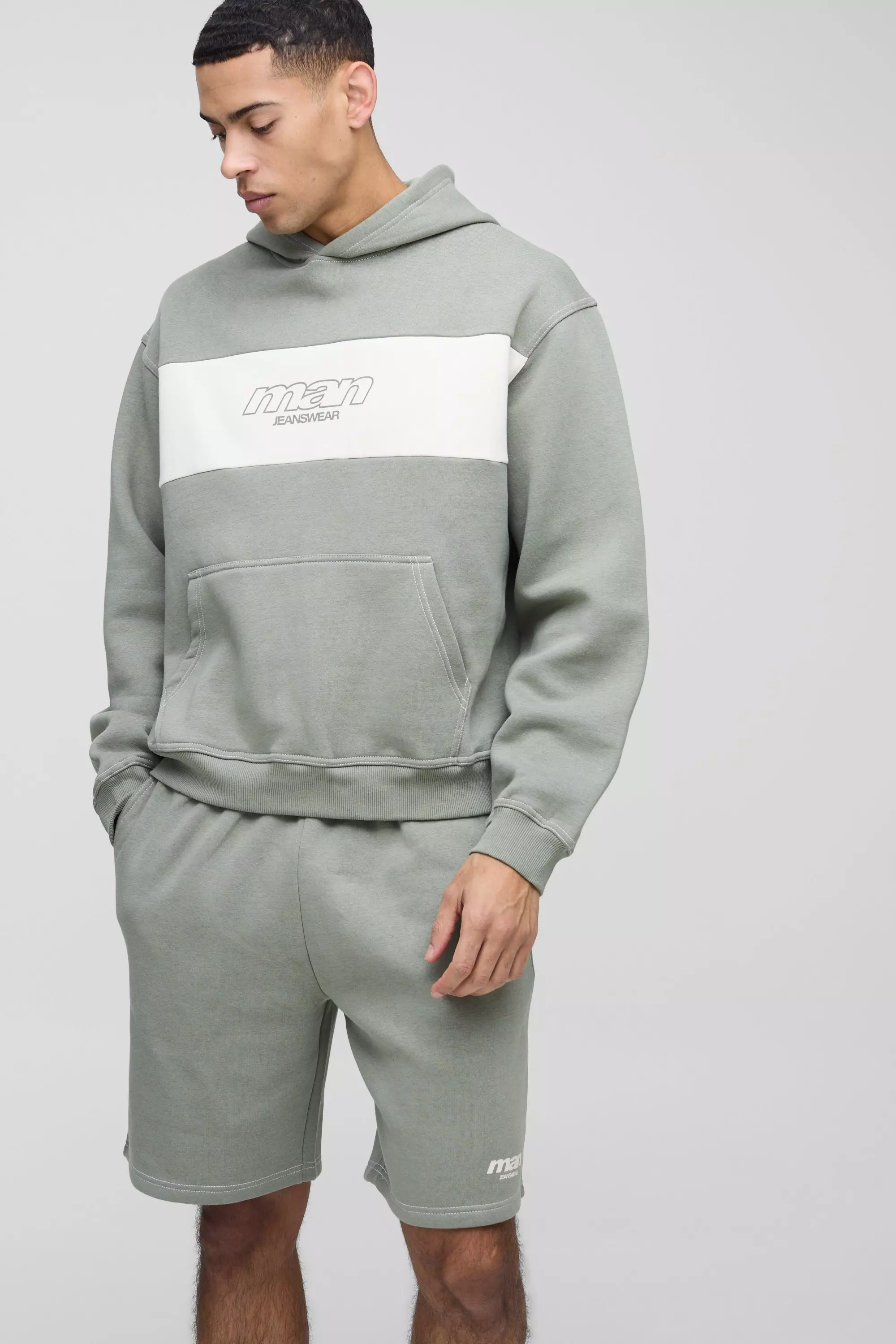 Oversized Boxy Man Colour Block Short Hooded Tracksuit Sage