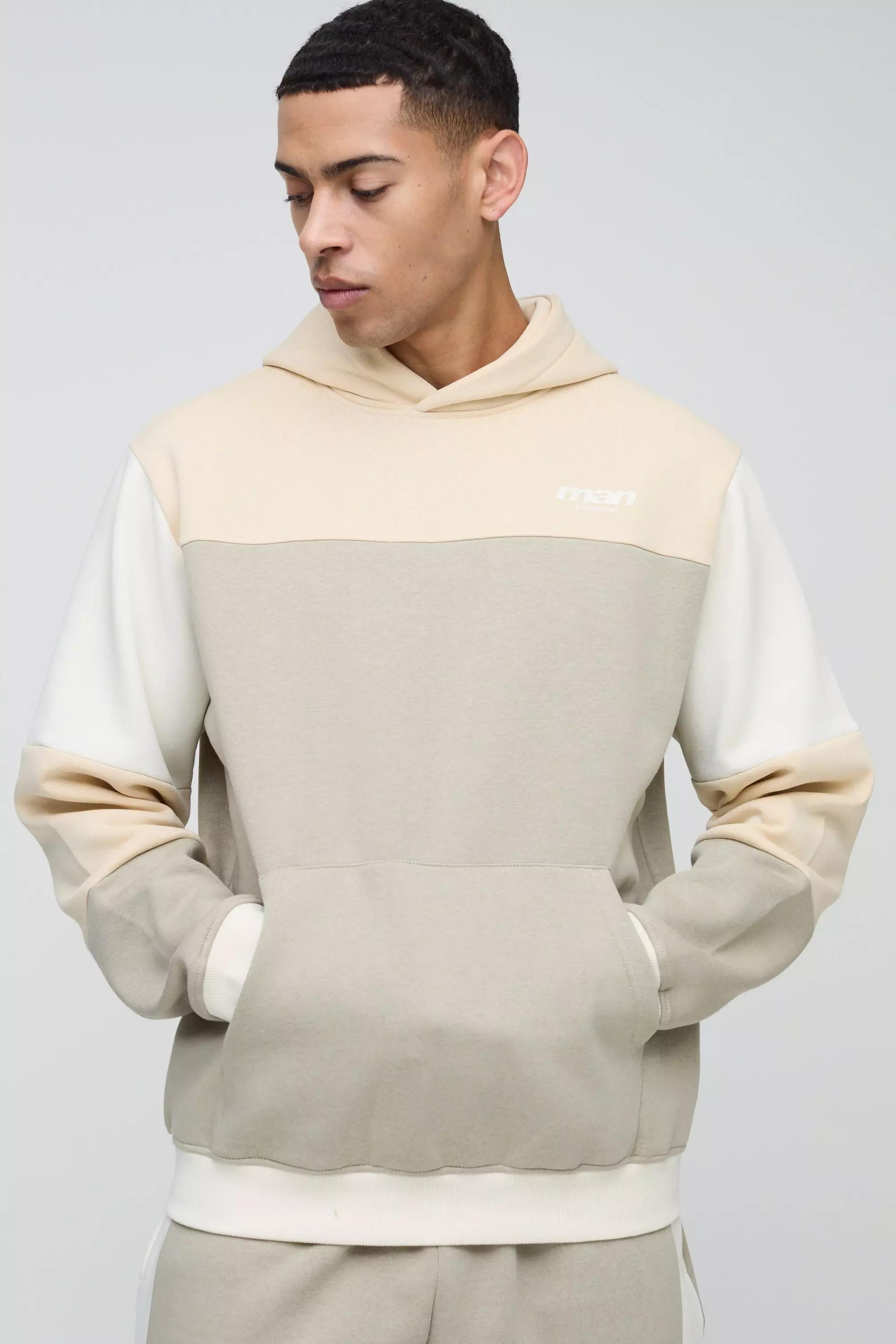 Regular Fit Man Colour Block Hoodie Stone