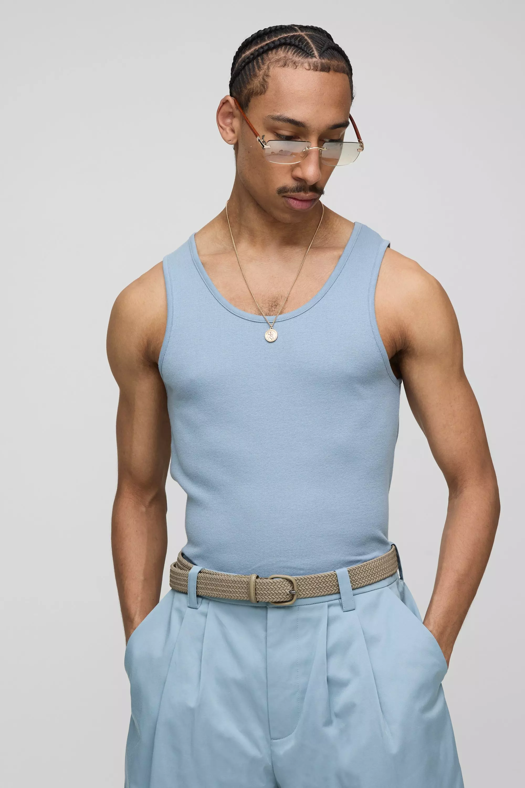 Powder blue Basic Geribbeld Muscle Fit Hemd alternatieve afbeelding