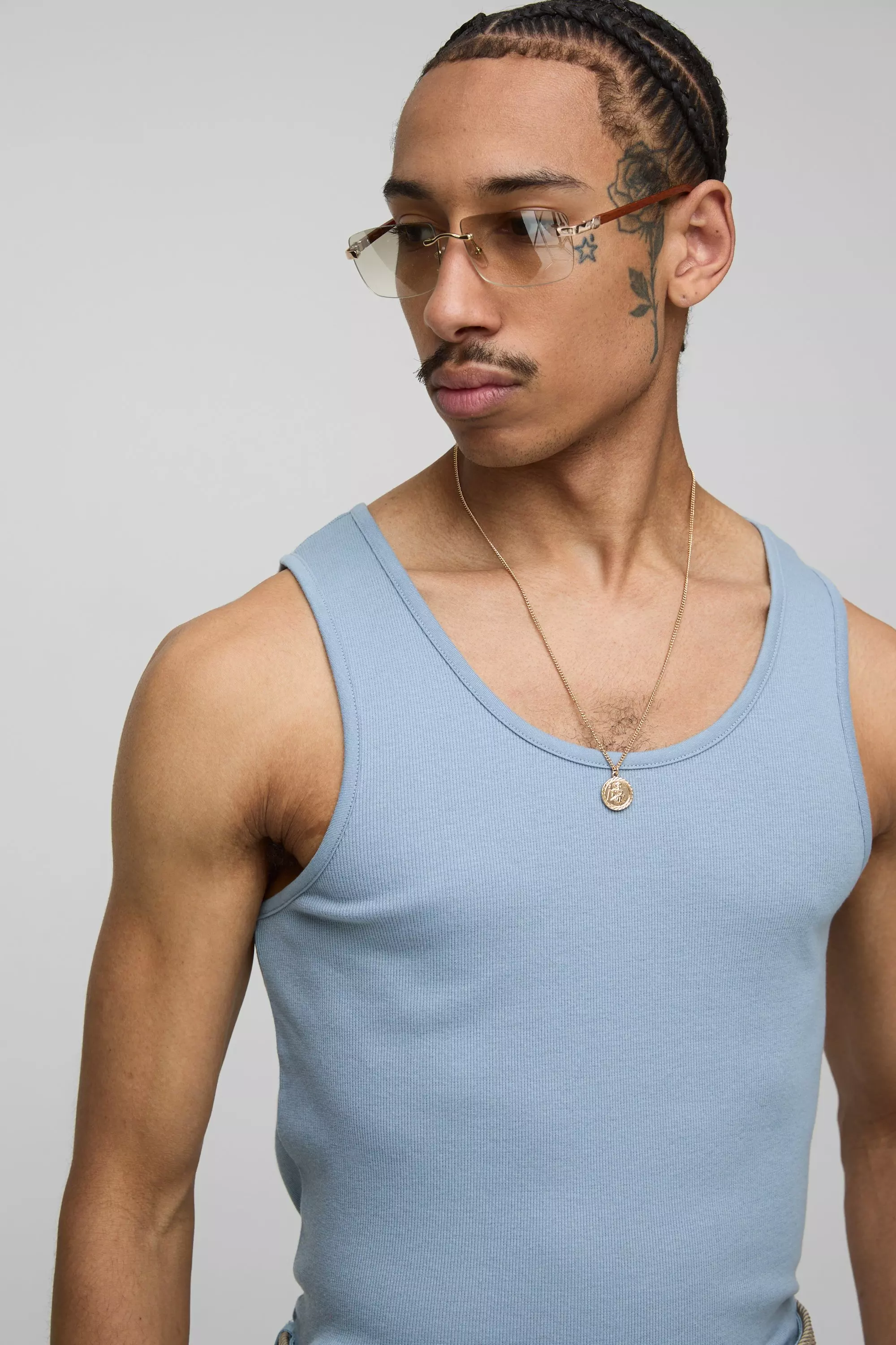 Powder blue Basic Geribbeld Muscle Fit Hemd alternatieve afbeelding
