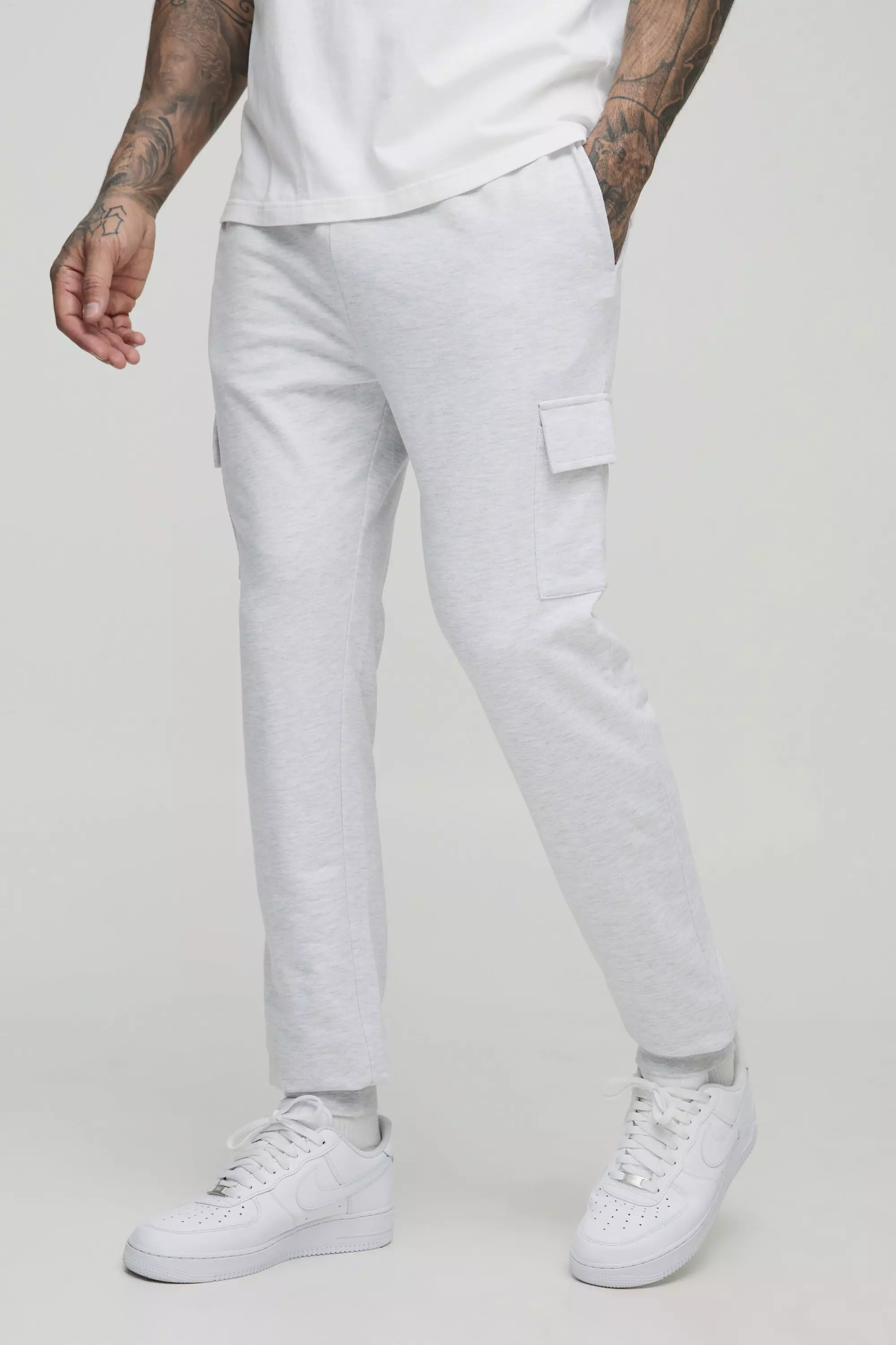 Grey Tall 260GSM Loopback Skinny Fit Basic Cargo Joggers