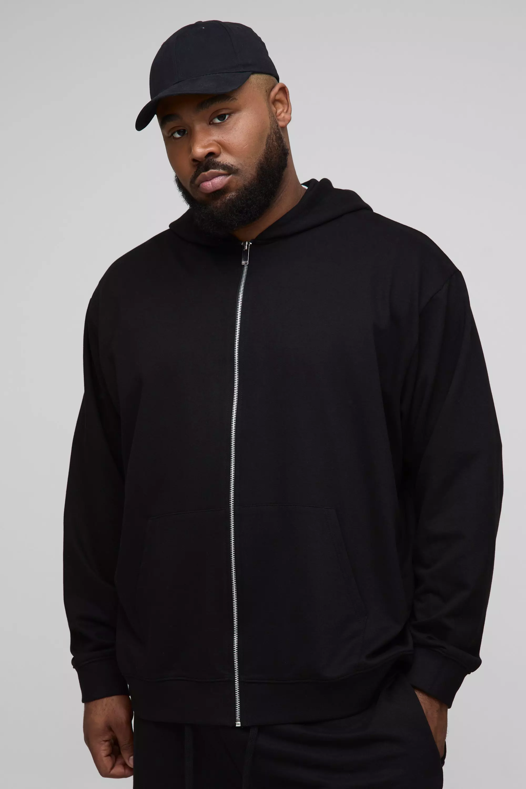 Plus 260GSM Loopback Oversized Fit Basic Zip Through Hoodie Black