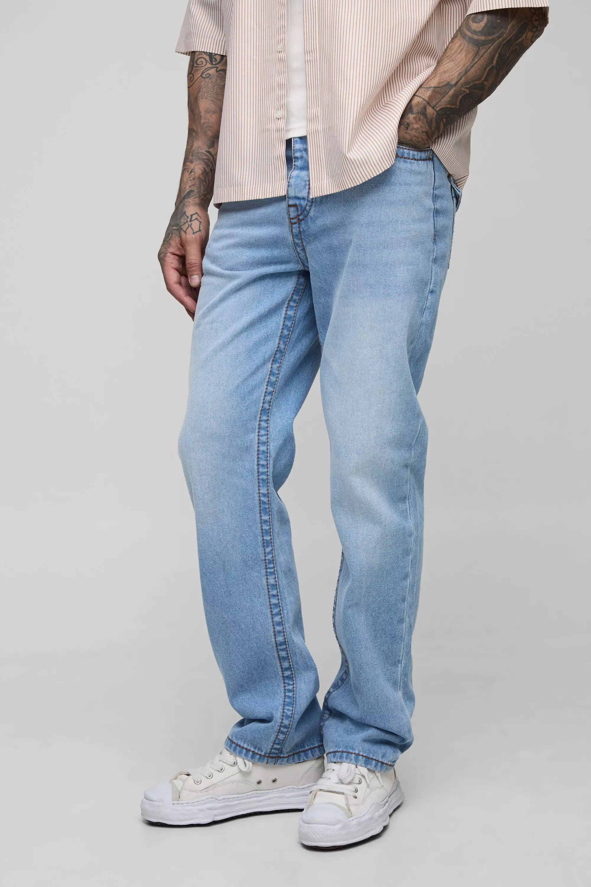 Tall Chunky Contrast Stitch Straight Leg Jeans Light wash