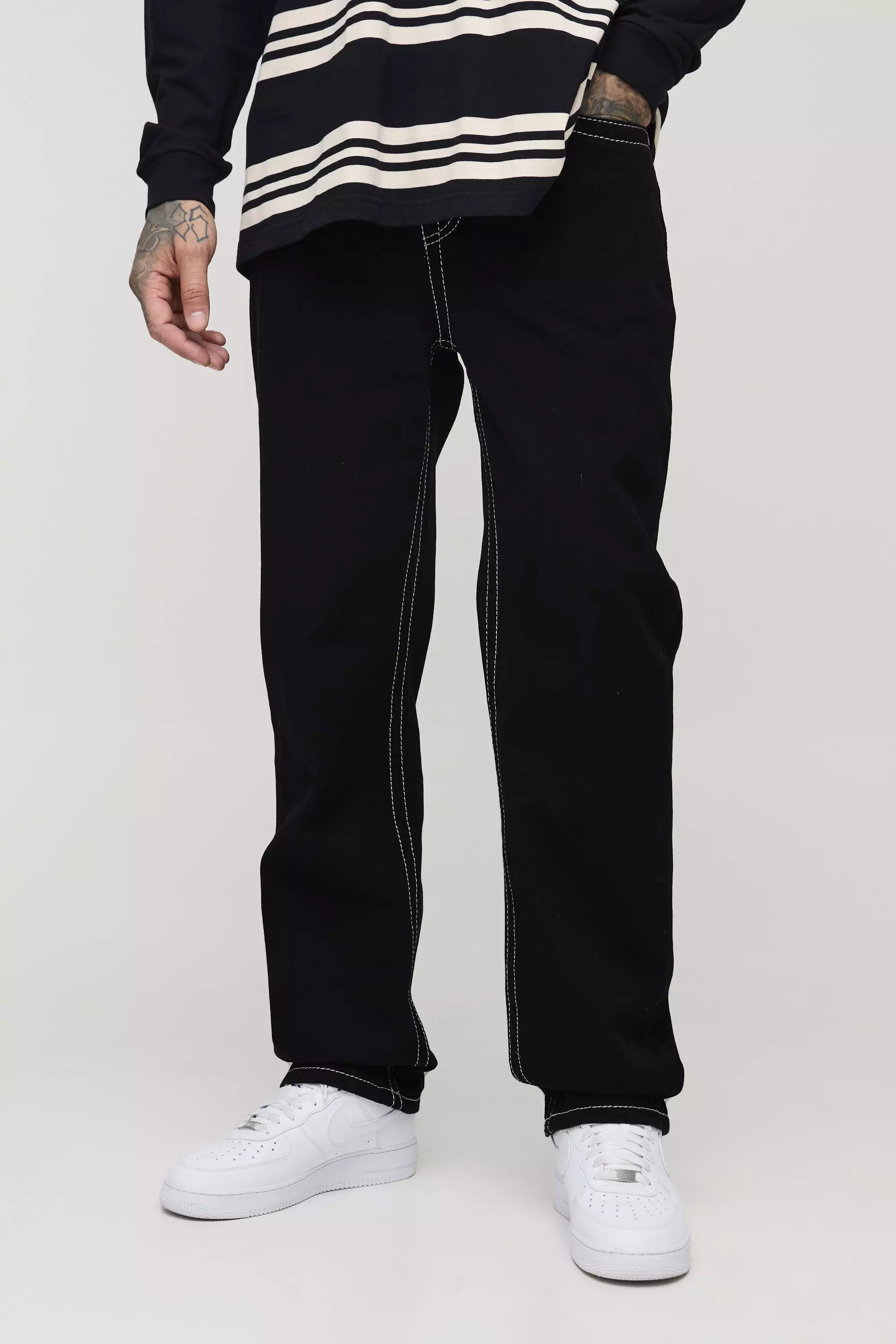 Tall Chunky Contrast Stitch Straight Leg Jeans Black
