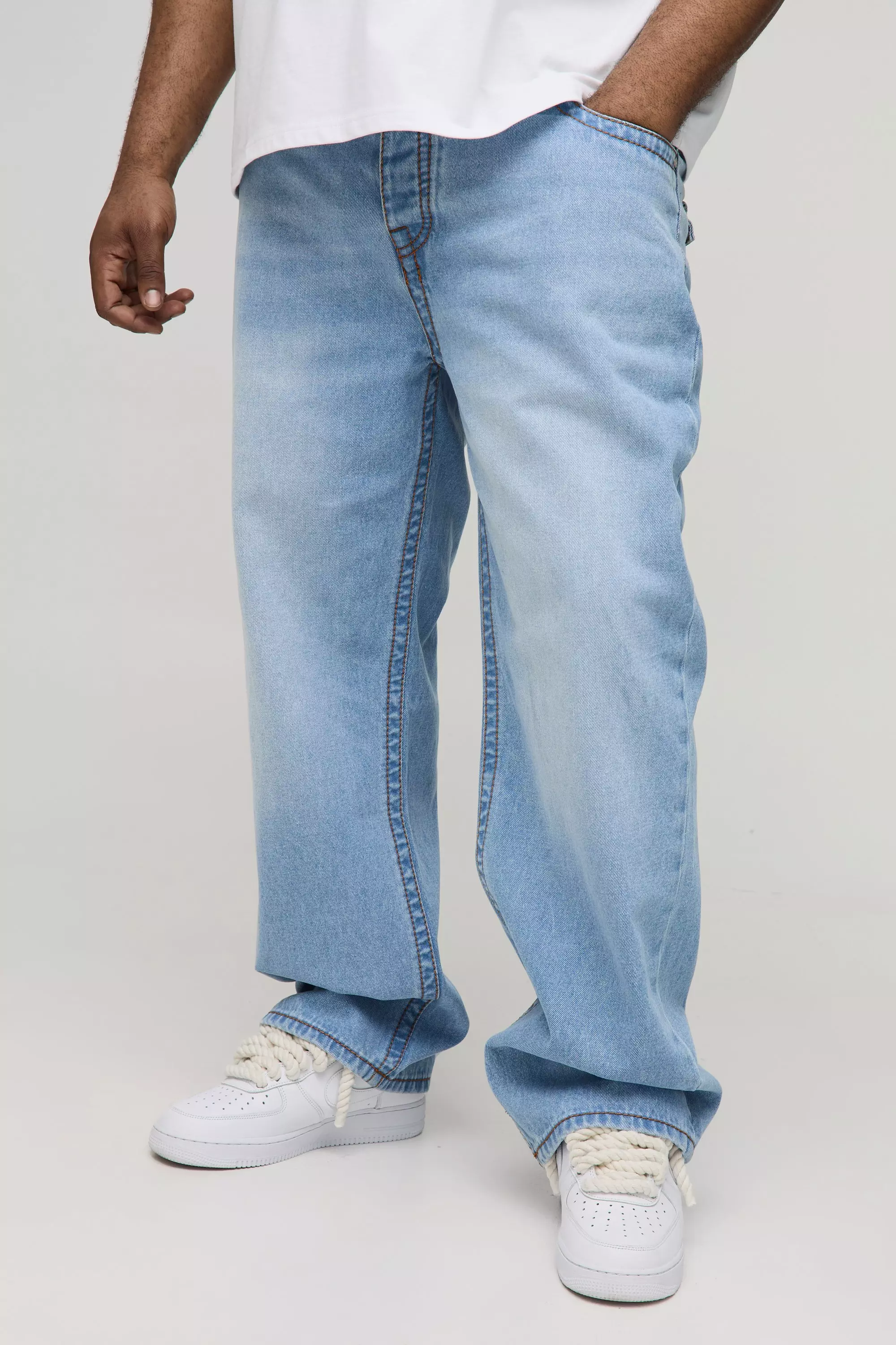 Plus Chunky Contrast Stitch Straight Leg Jeans Light wash