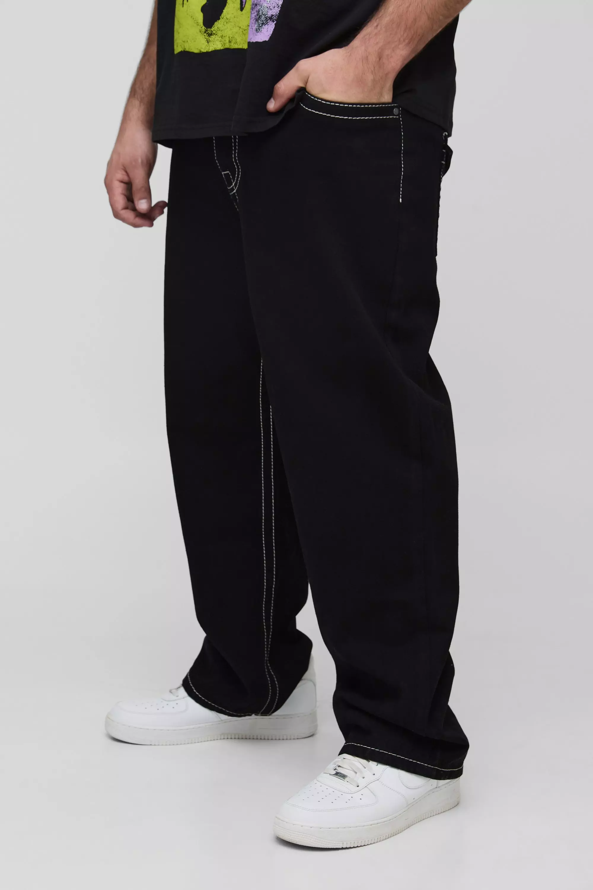Plus Chunky Contrast Stitch Straight Leg Jeans Black