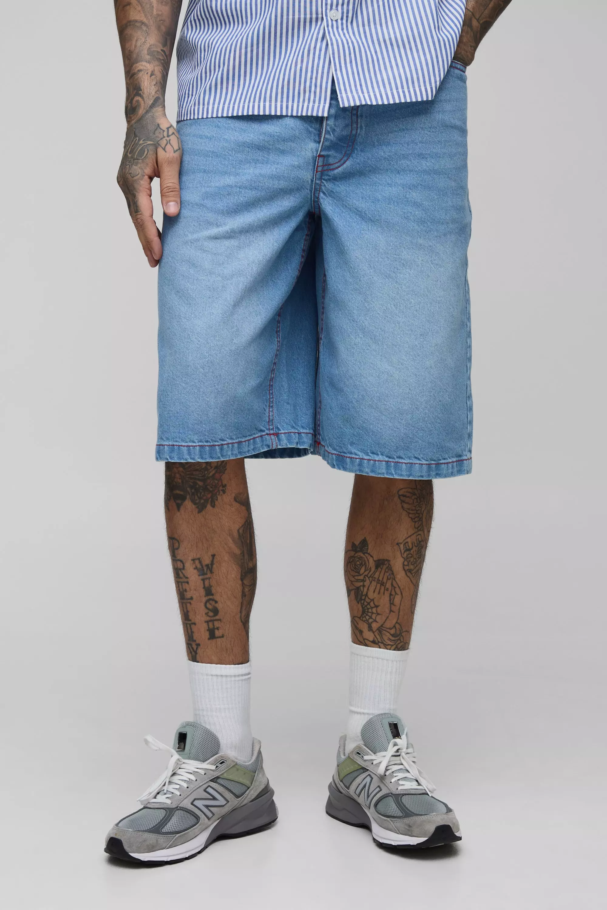 Light wash Tall Contrast Stitch Relaxed Denim Jorts alternative image