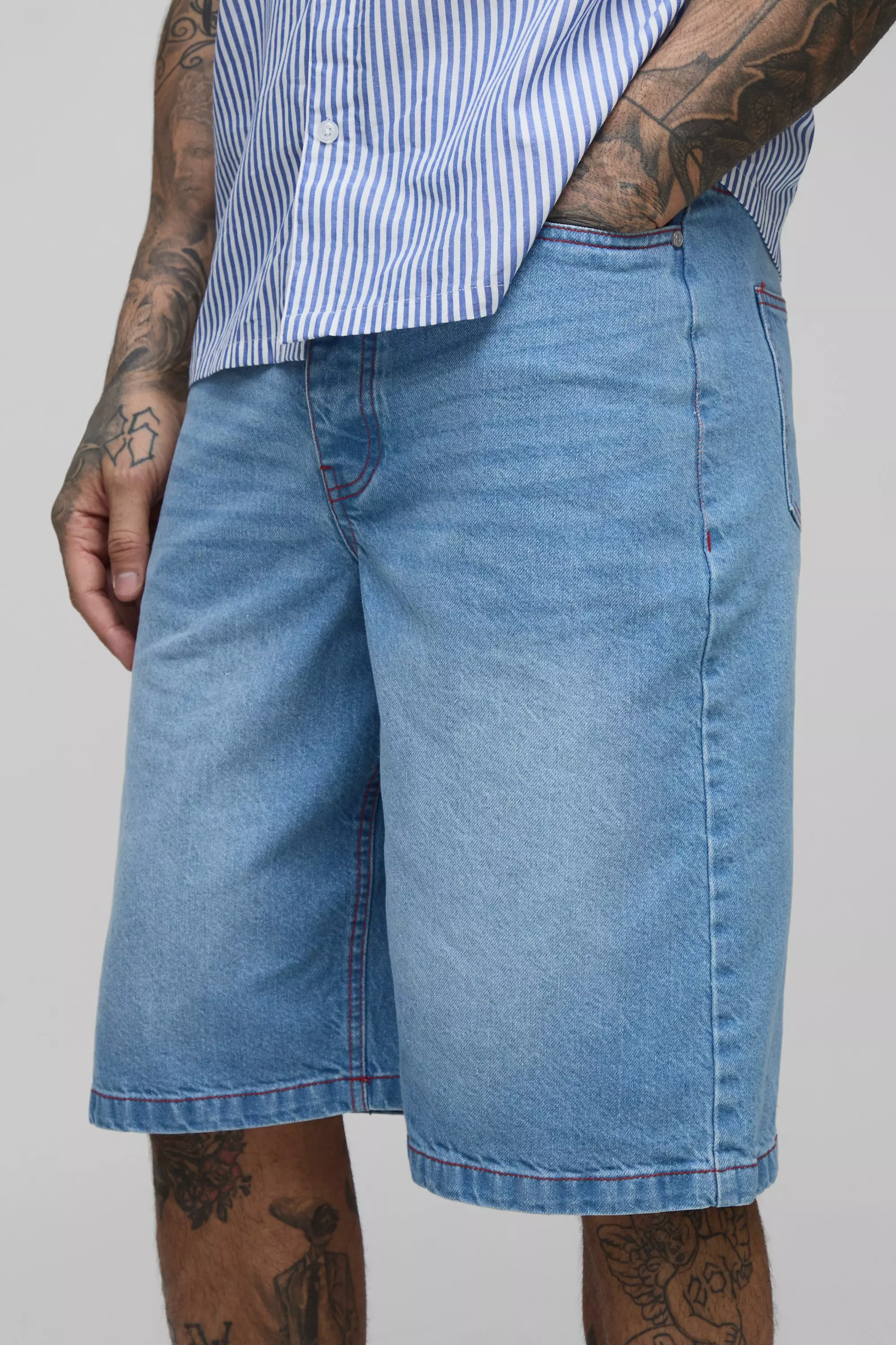 Light wash Tall Contrast Stitch Relaxed Denim Jorts alternative image