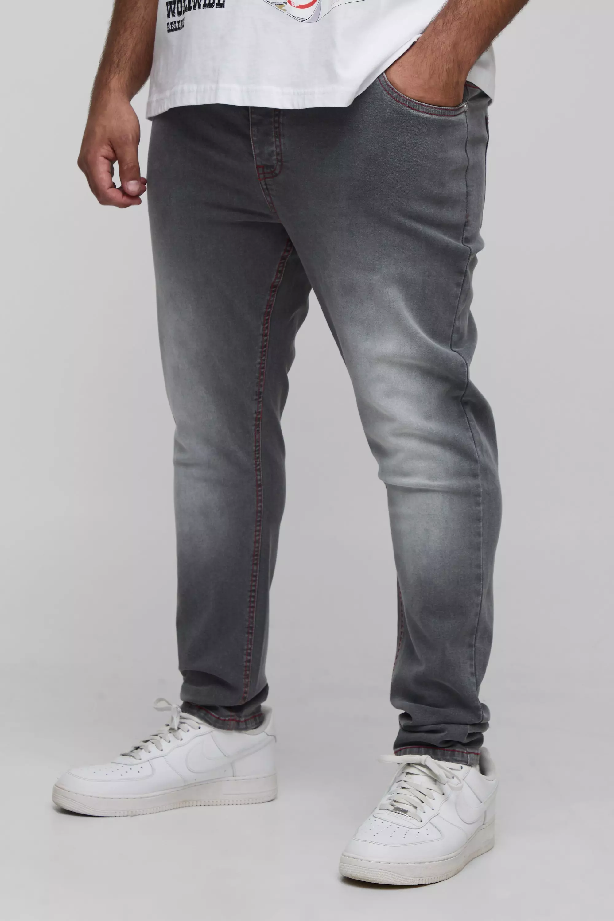 Grey Plus Stretch Skinny Contrast Stitch Jeans