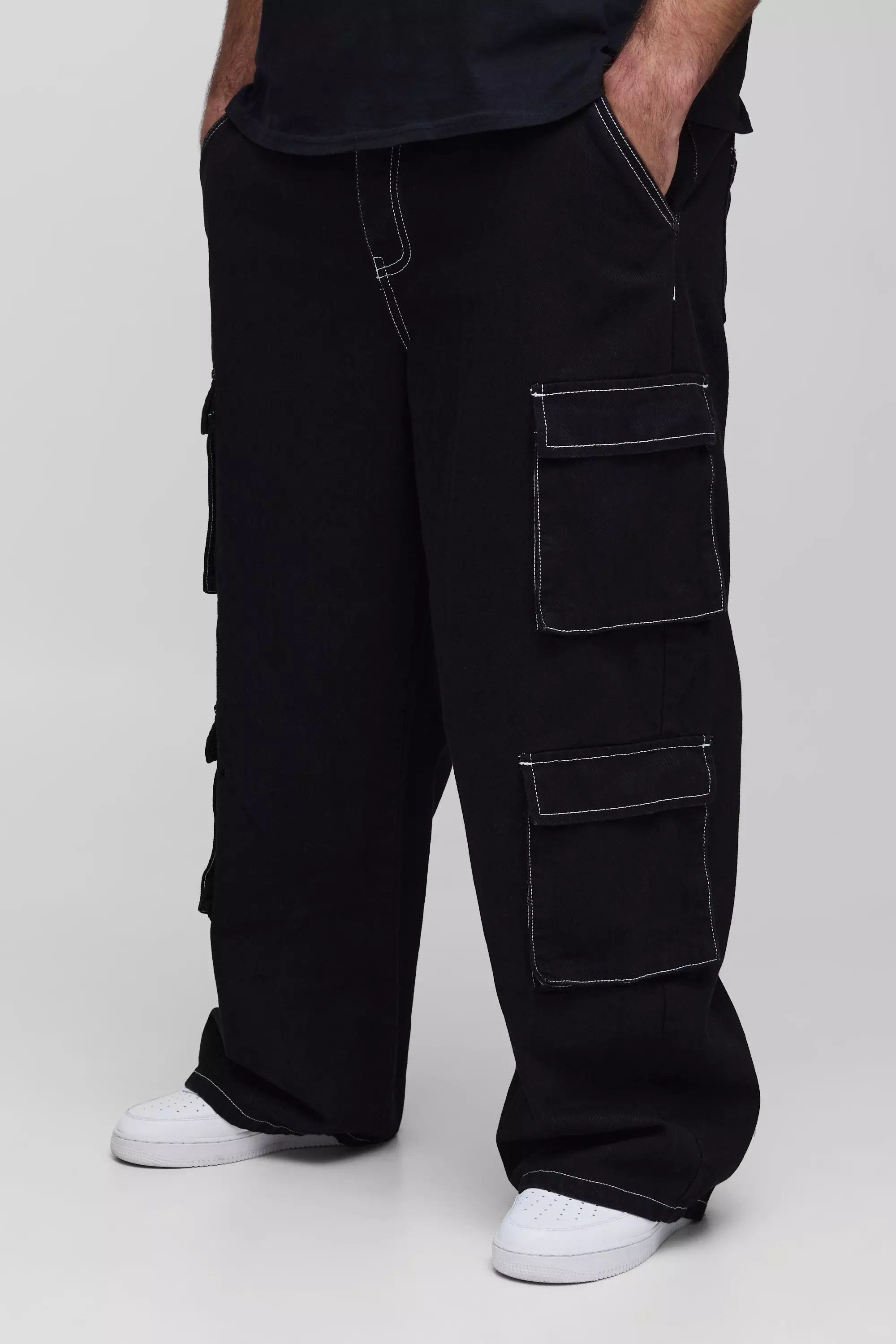 Plus Relaxed Rigid Contrast Stitch Cargo Jeans True black