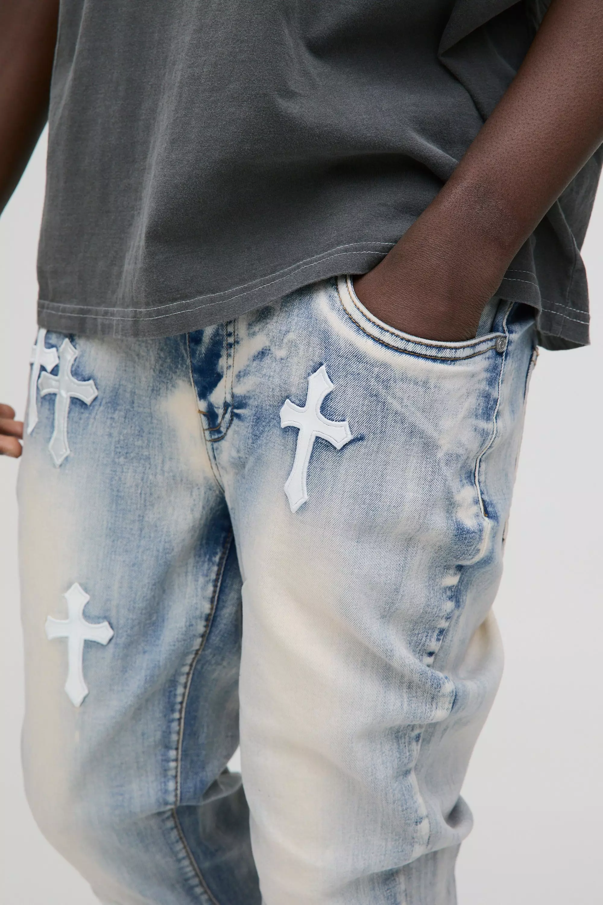 Skinny Fit PU Cross Applique Jeans | boohooMAN USA