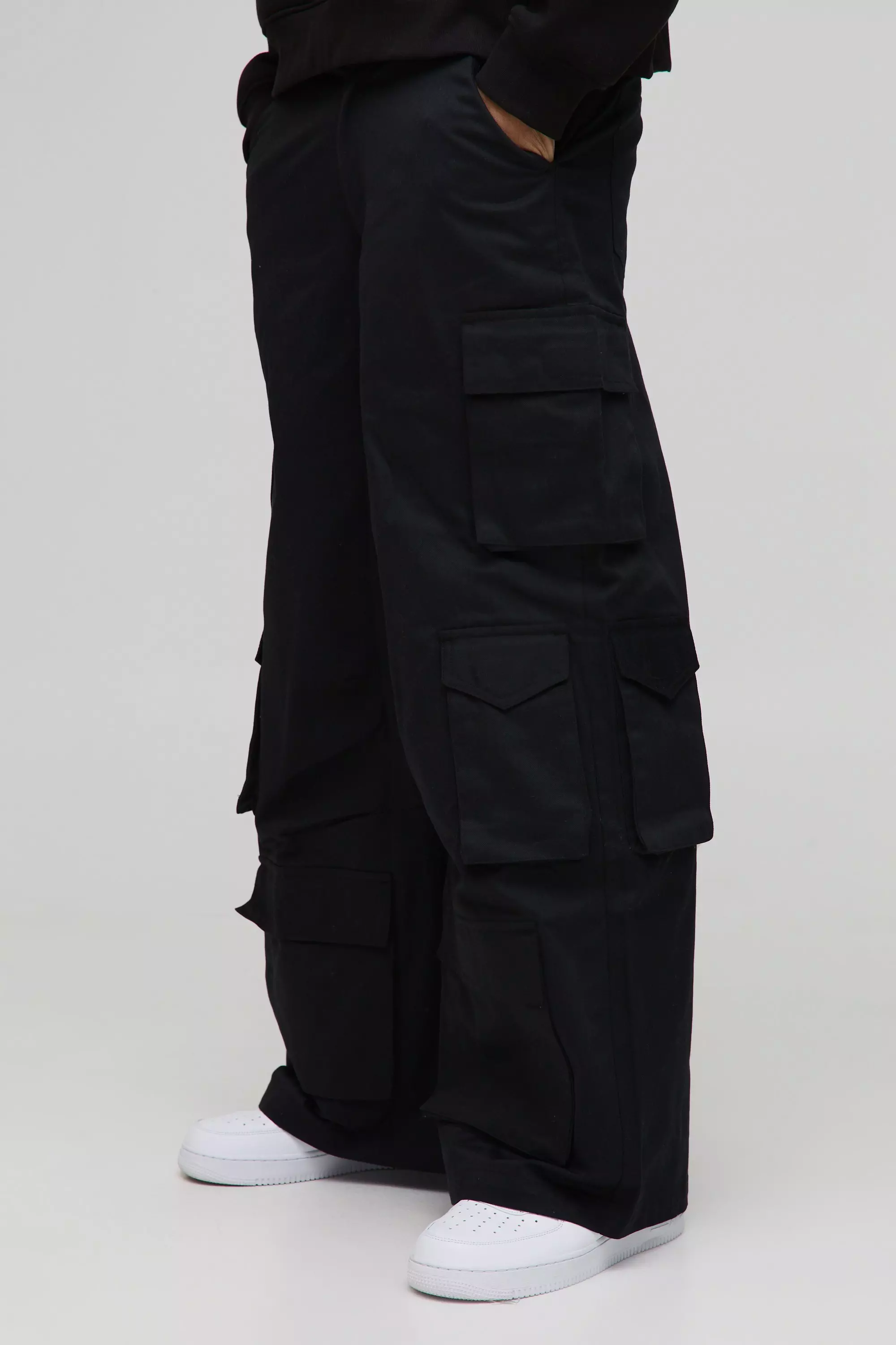 Black Extreme Baggy Rigid Multi Cargo Pocket Trousers