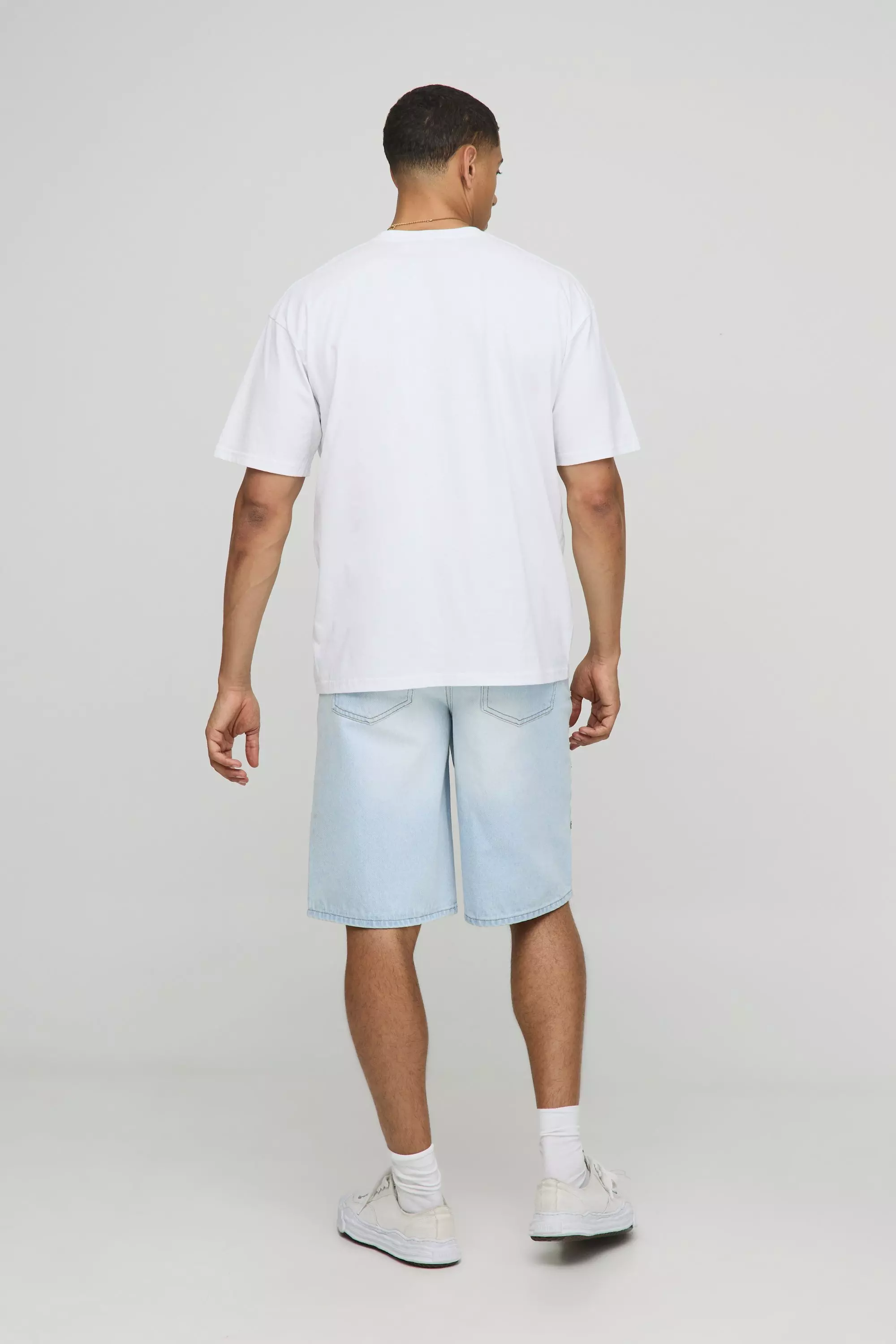Regular Fit Cross Embellished Blue Washed Jorts | boohooMAN USA