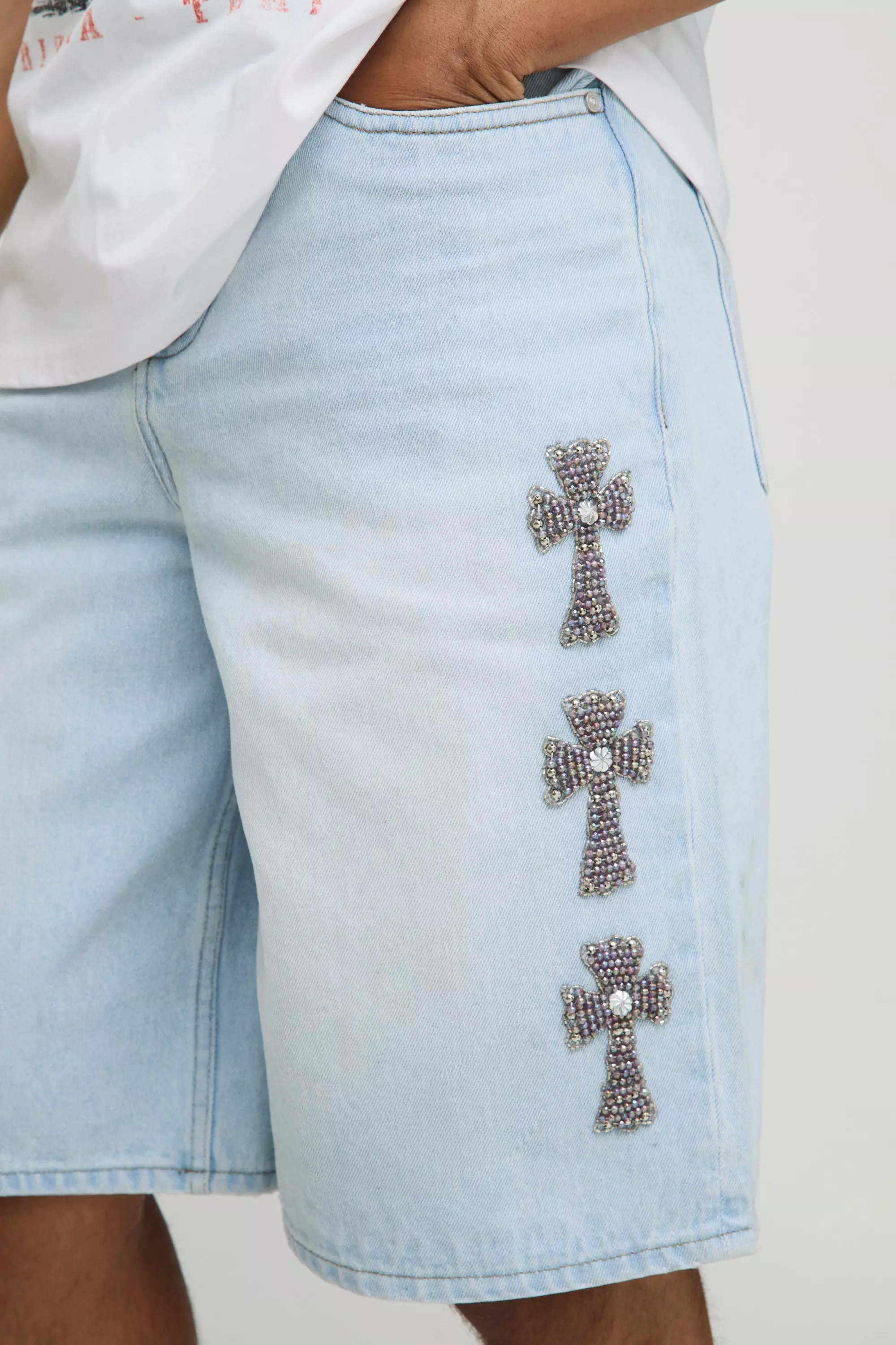 Regular Fit Cross Embellished Blue Washed Jorts | boohooMAN USA