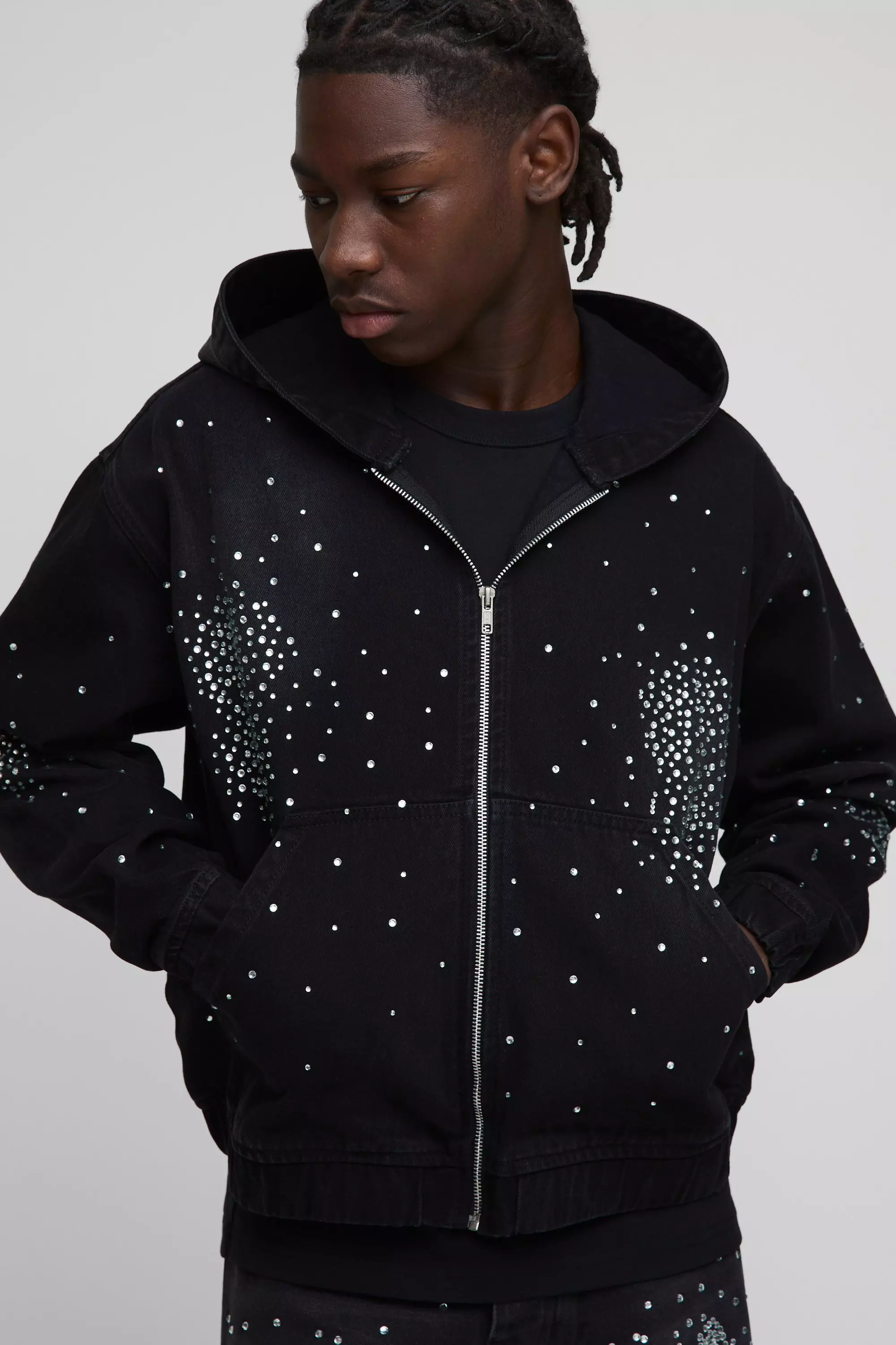 Boxy Rhinestone Washed Black Denim Hoodie Washed black