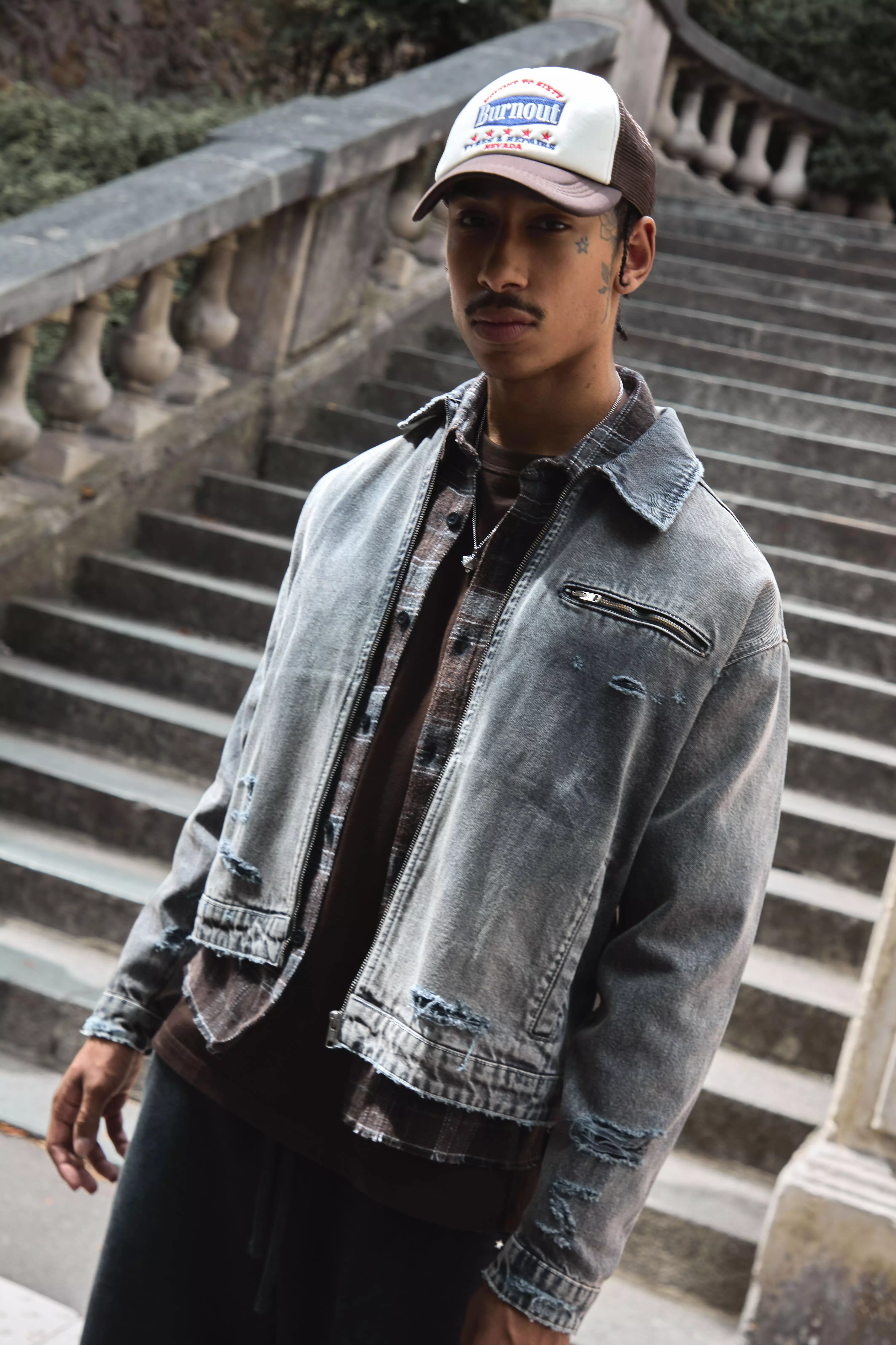 Boxy Embroidered Oil Wash Denim Harrington Jacket | boohooMAN USA