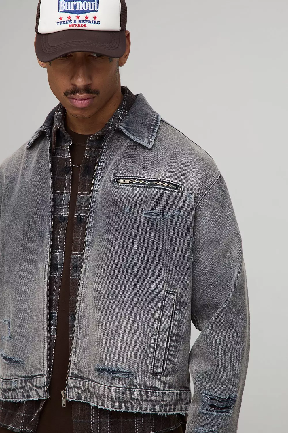 Boxy Embroidered Oil Wash Denim Harrington Jacket | boohooMAN USA