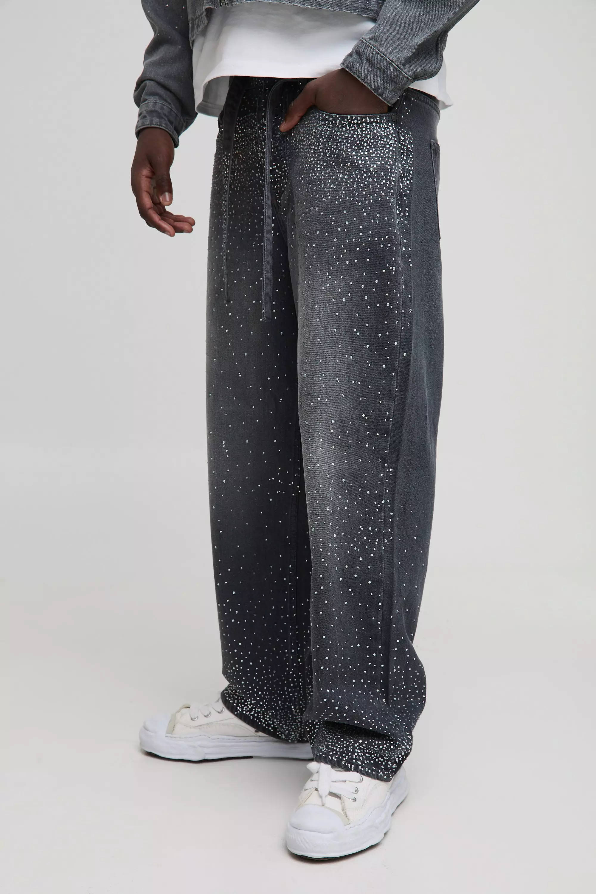 Relaxed Fit Belted Rhinestone Grey Washed Jeans | boohooMAN USA
