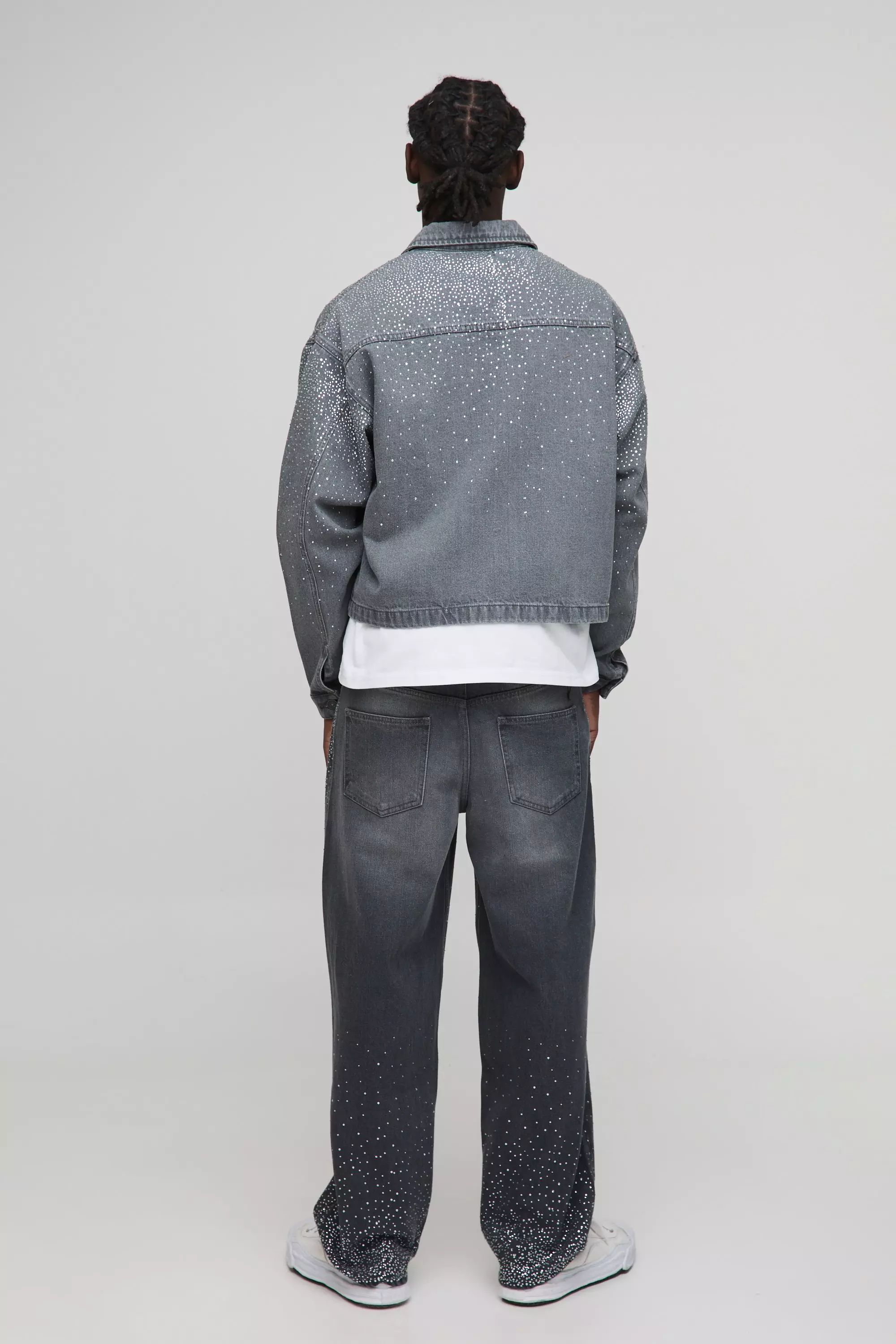 Relaxed Fit Belted Rhinestone Grey Washed Jeans | boohooMAN USA