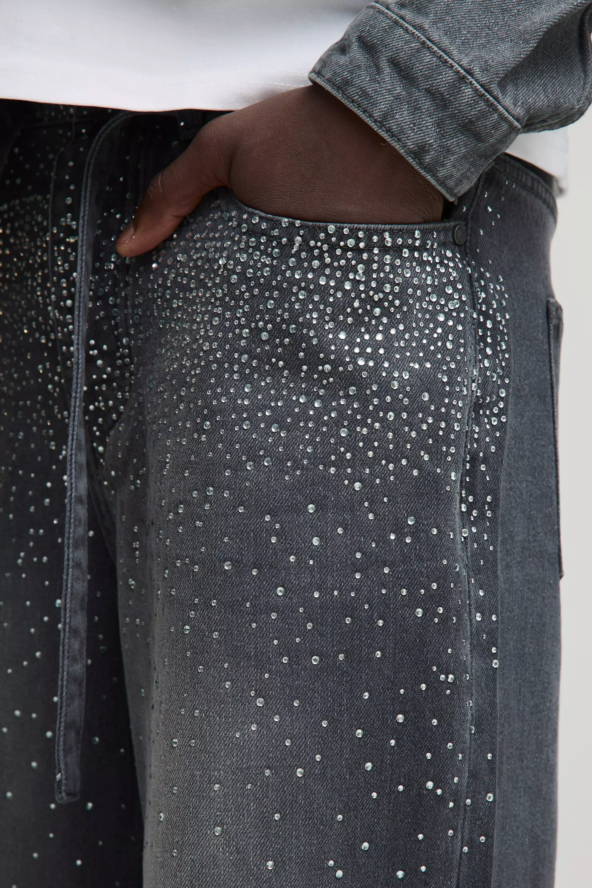 Relaxed Fit Belted Rhinestone Grey Washed Jeans | boohooMAN USA