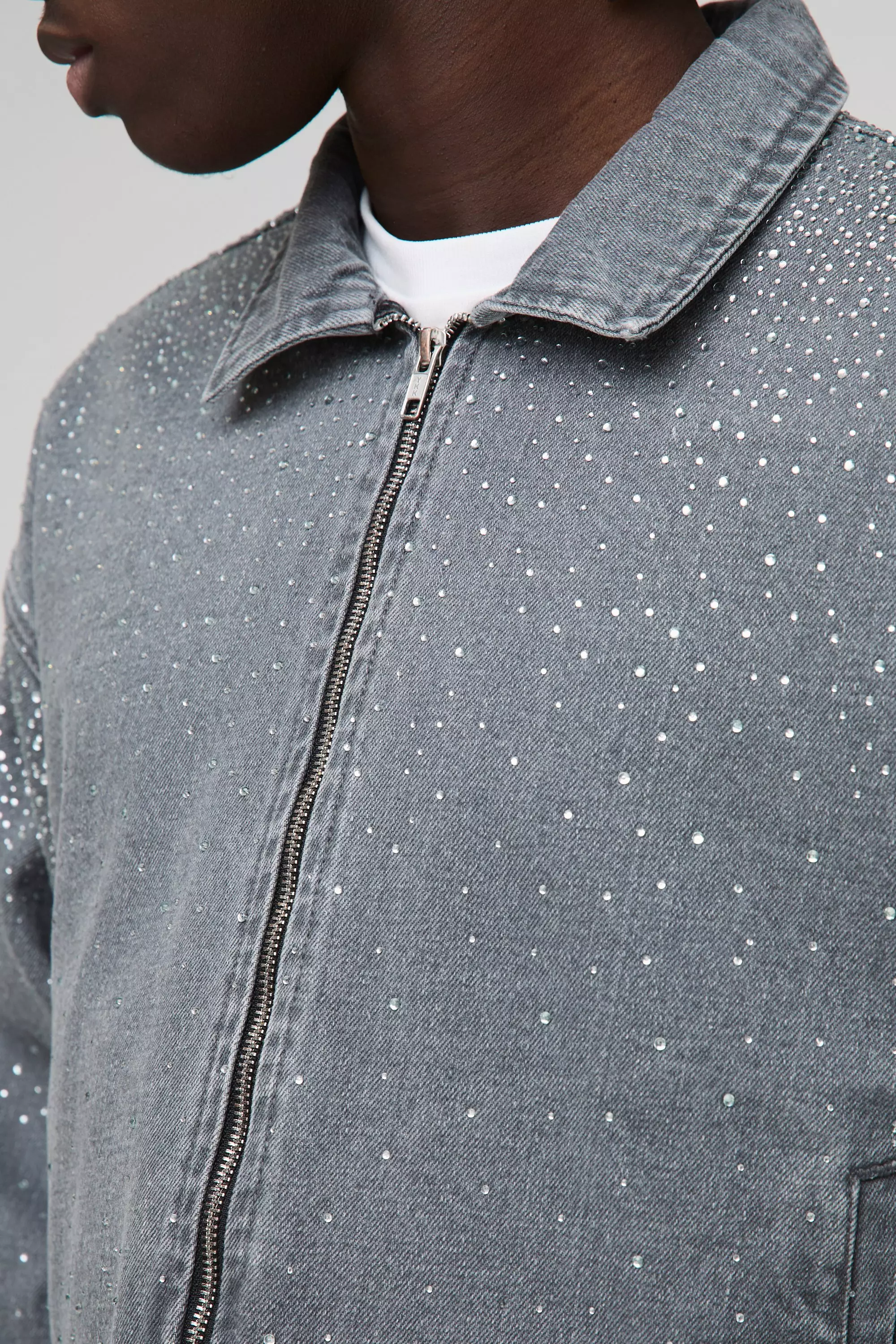 Boxy Rhinestone Denim Jacket | boohooMAN USA