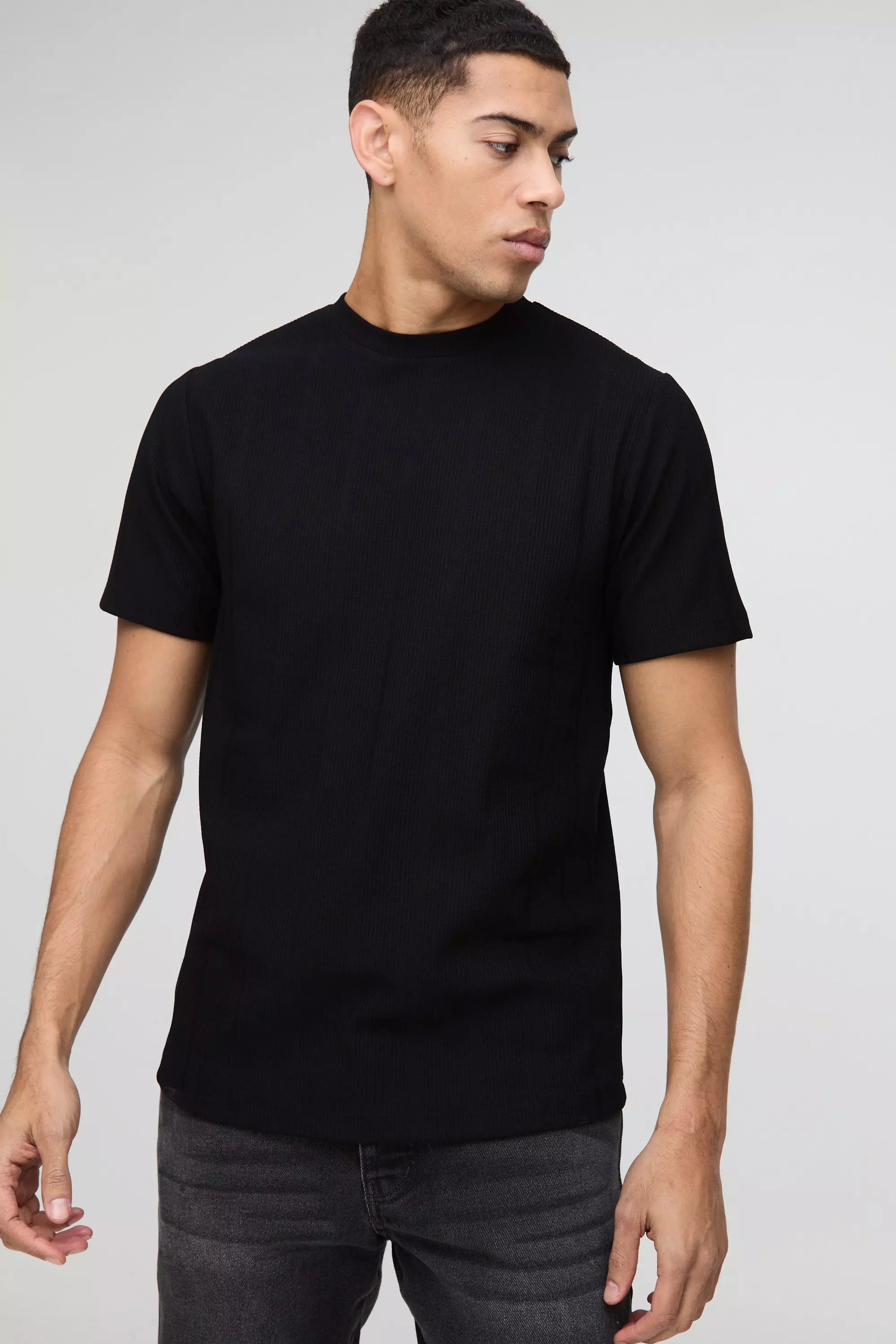 Slim Fit Wide Structured Rib T-Shirt Black