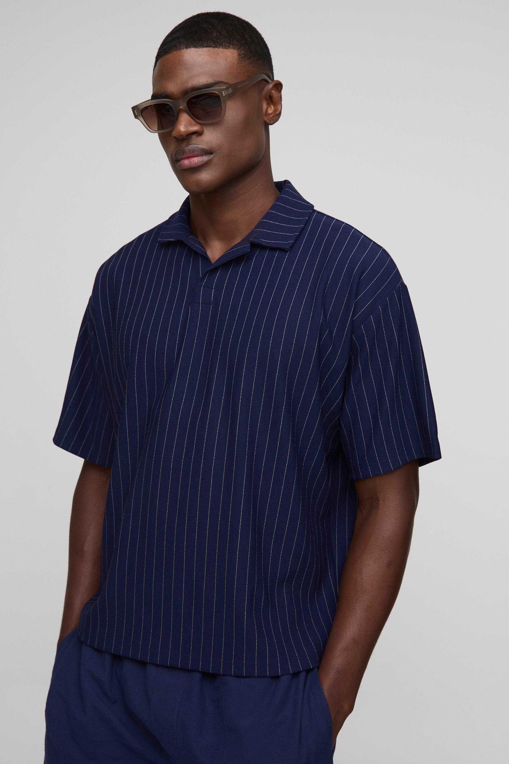 Oversized Boxy Pinstripe Revere Polo | boohooMAN USA