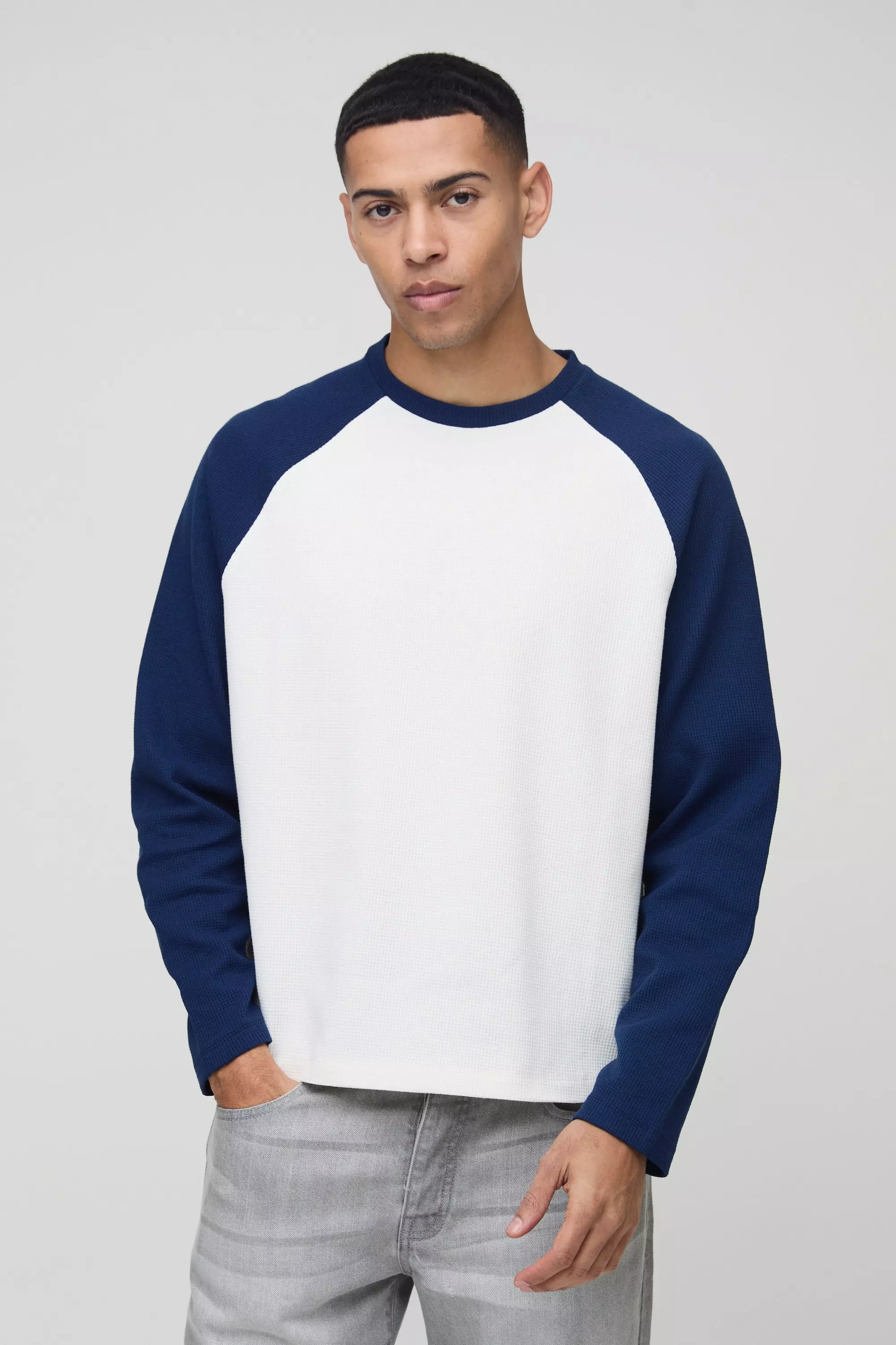 Oversized Boxy Heavyweight Waffle Raglan Long Sleeve T-shirt | boohooMAN USA