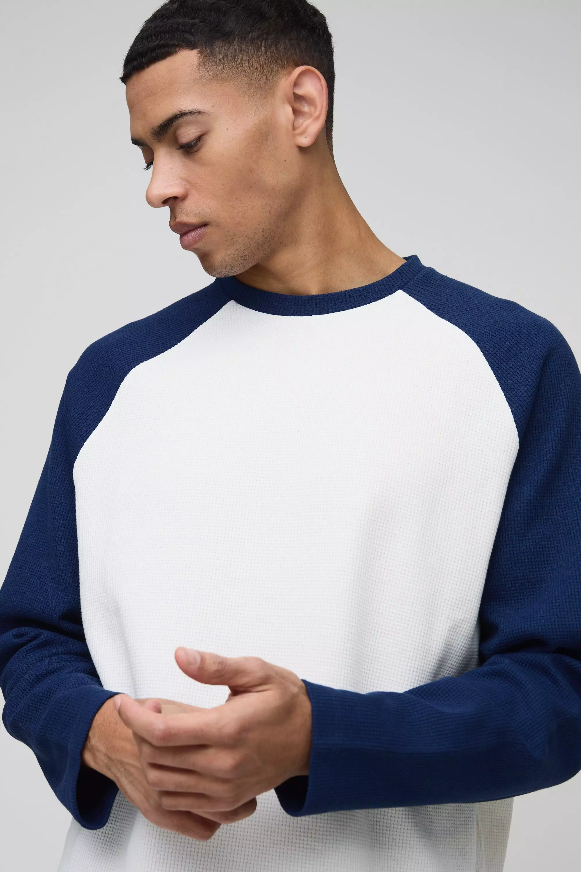 Oversized Boxy Heavyweight Waffle Raglan Long Sleeve T-shirt | boohooMAN USA