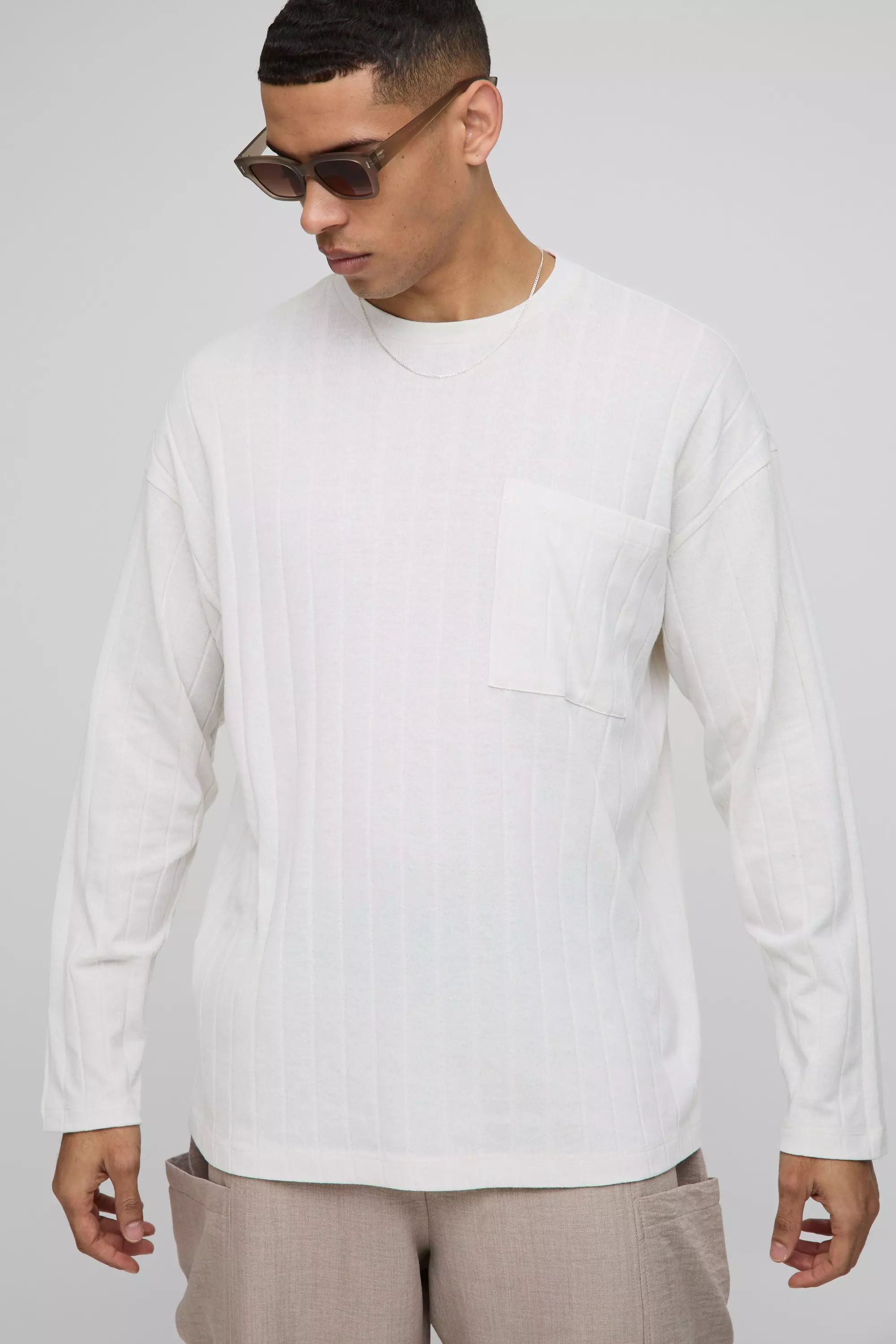 Oversized Soft Rib Pocket Detail Long Sleeve T-Shirt Ecru