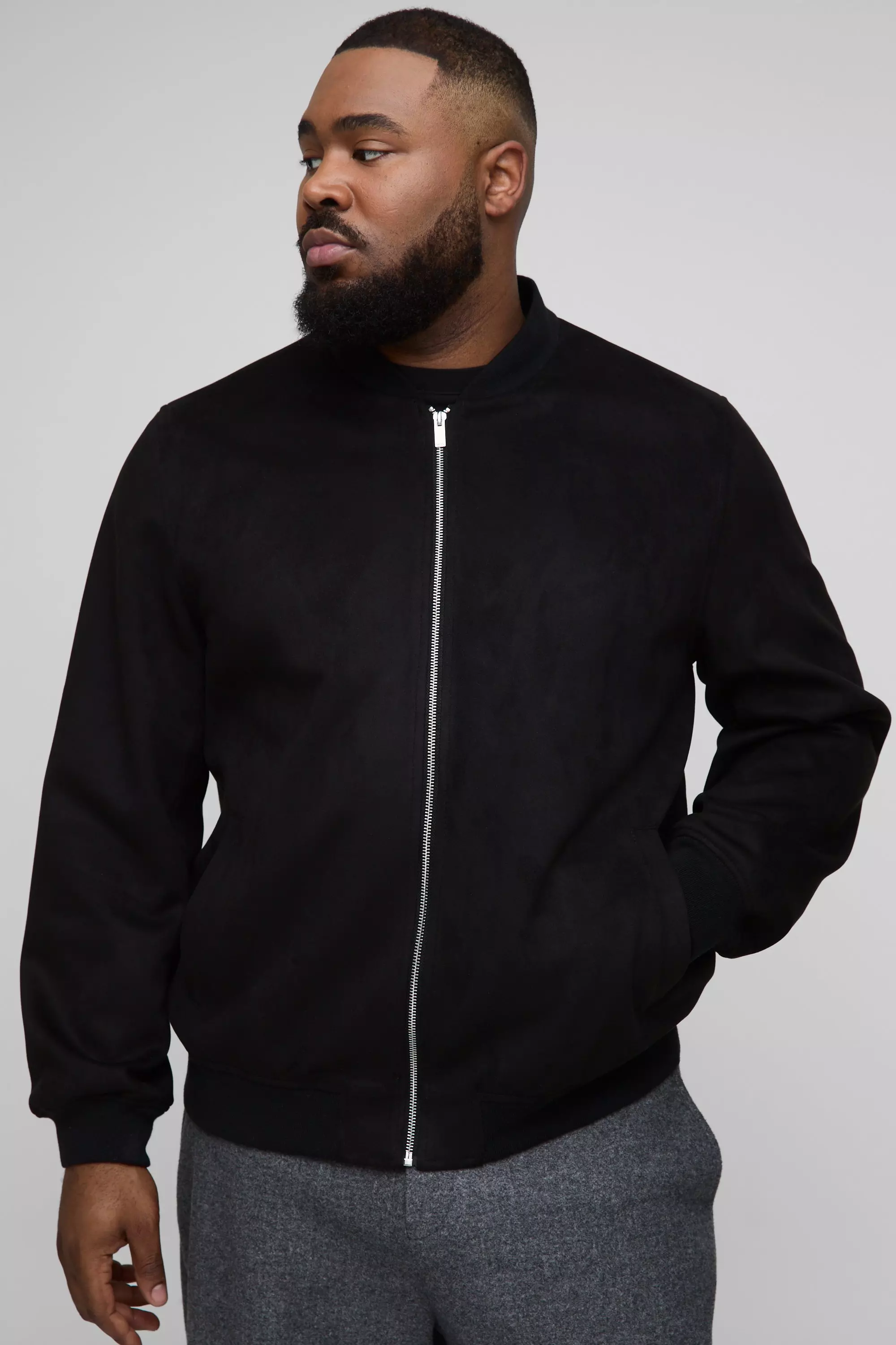 Plus Faux Suede Regular Fit Bomber Jacket Black