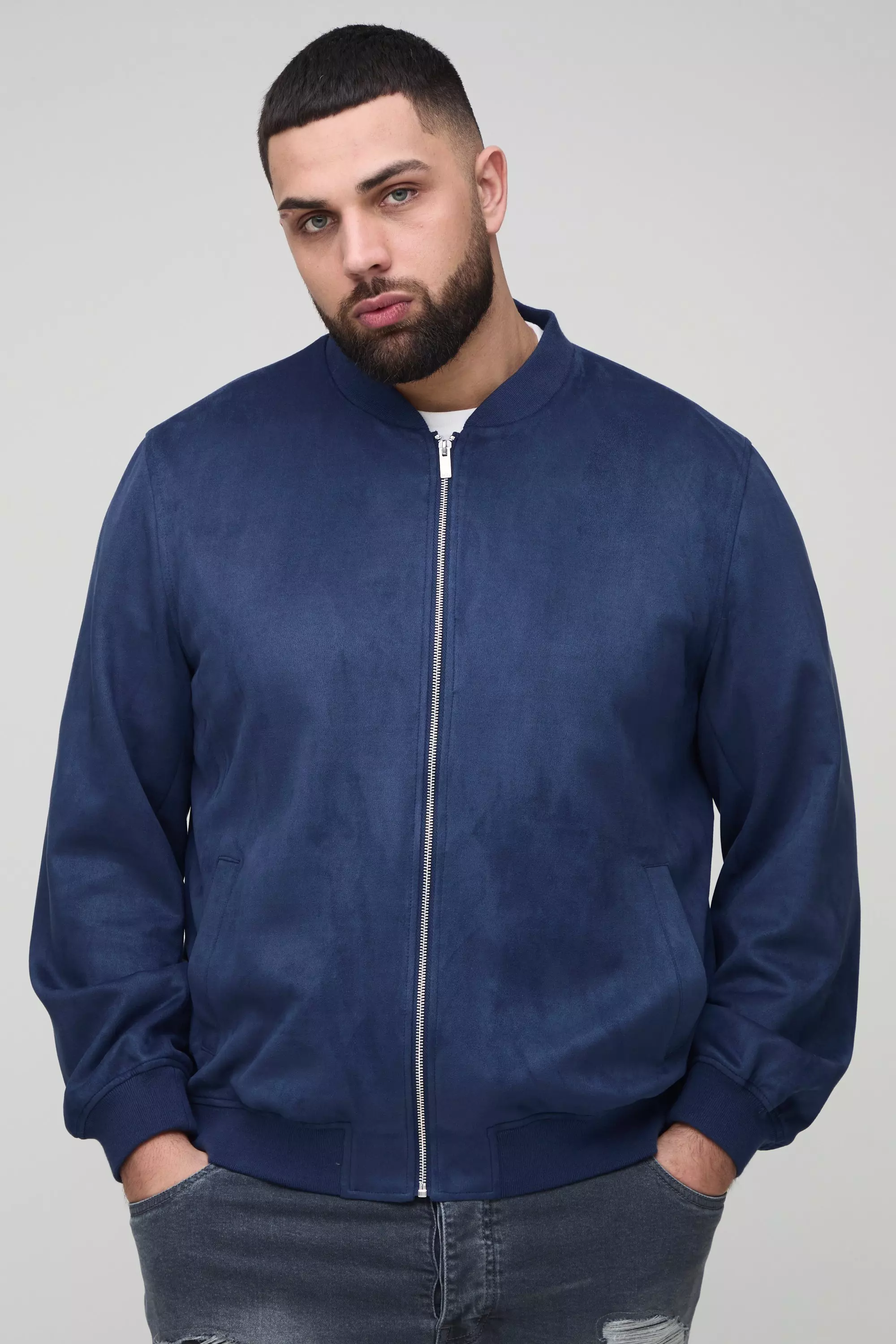 Plus Faux Suede Regular Fit Bomber Jacket Navy