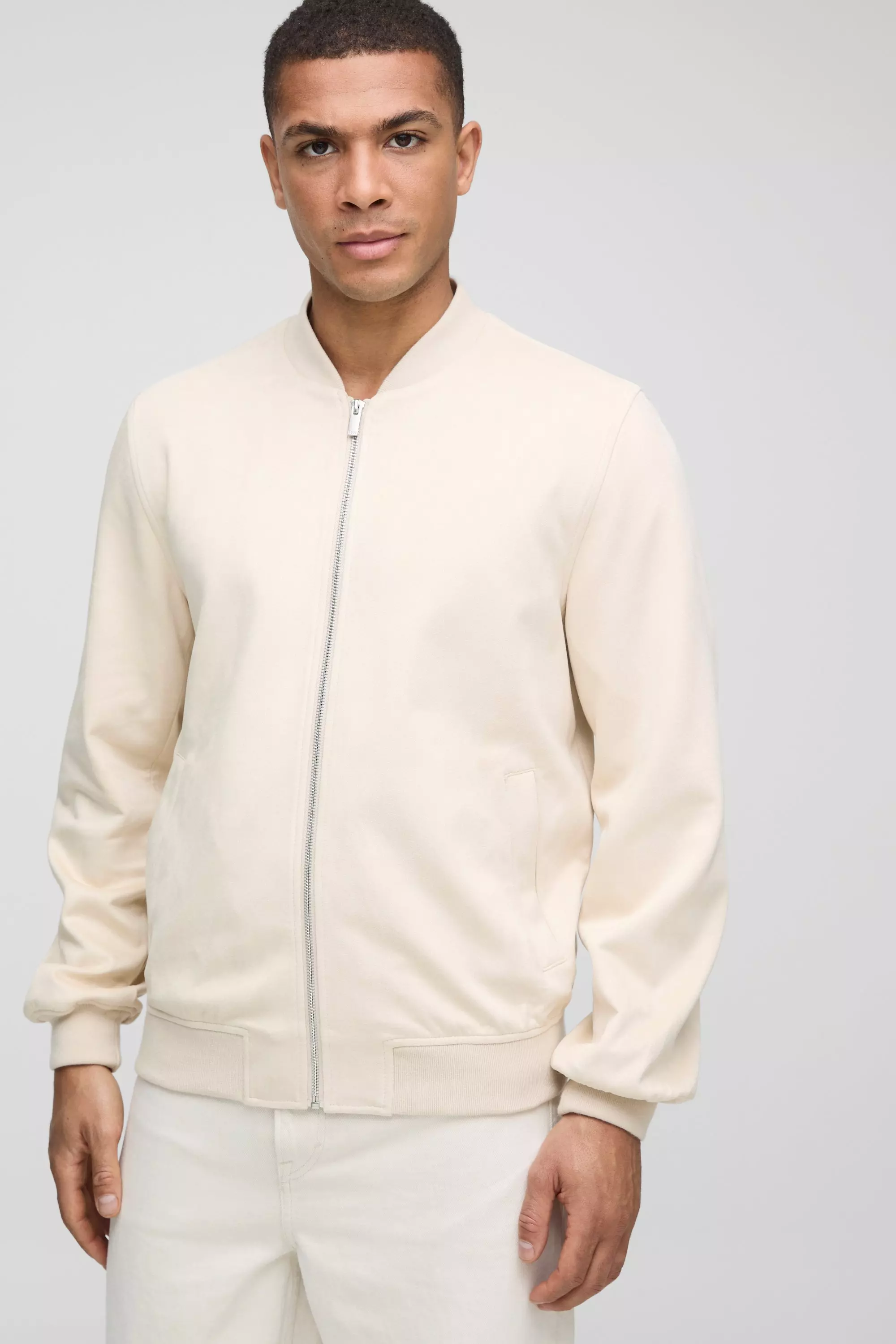 Faux Suede Regular Fit Bomber Jacket Stone