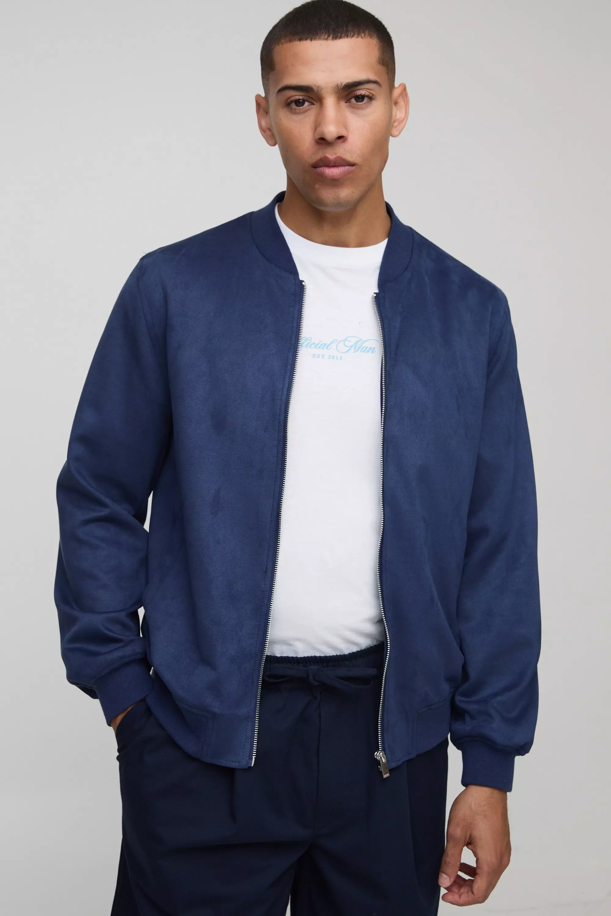 Navy Faux Suede Regular Fit Bomber Jacket