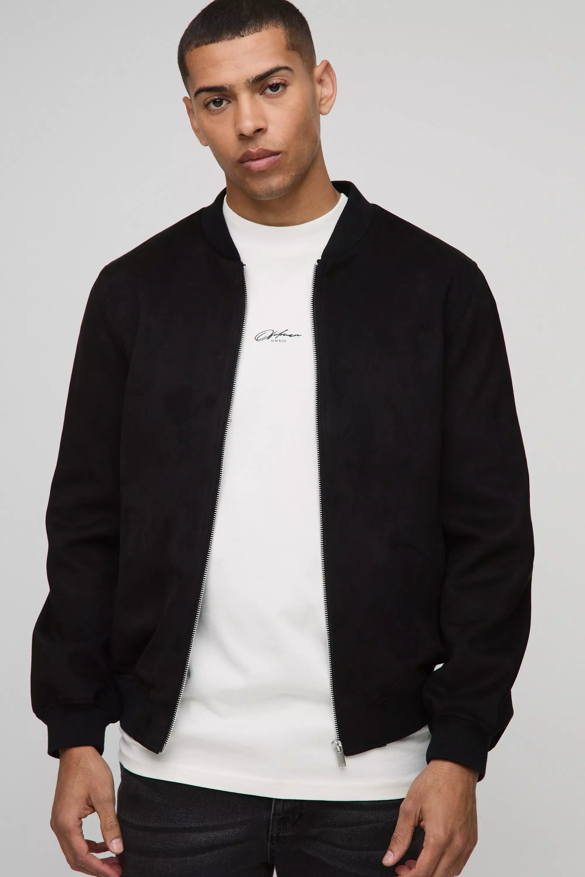 Black Faux Suede Regular Fit Bomber Jacket