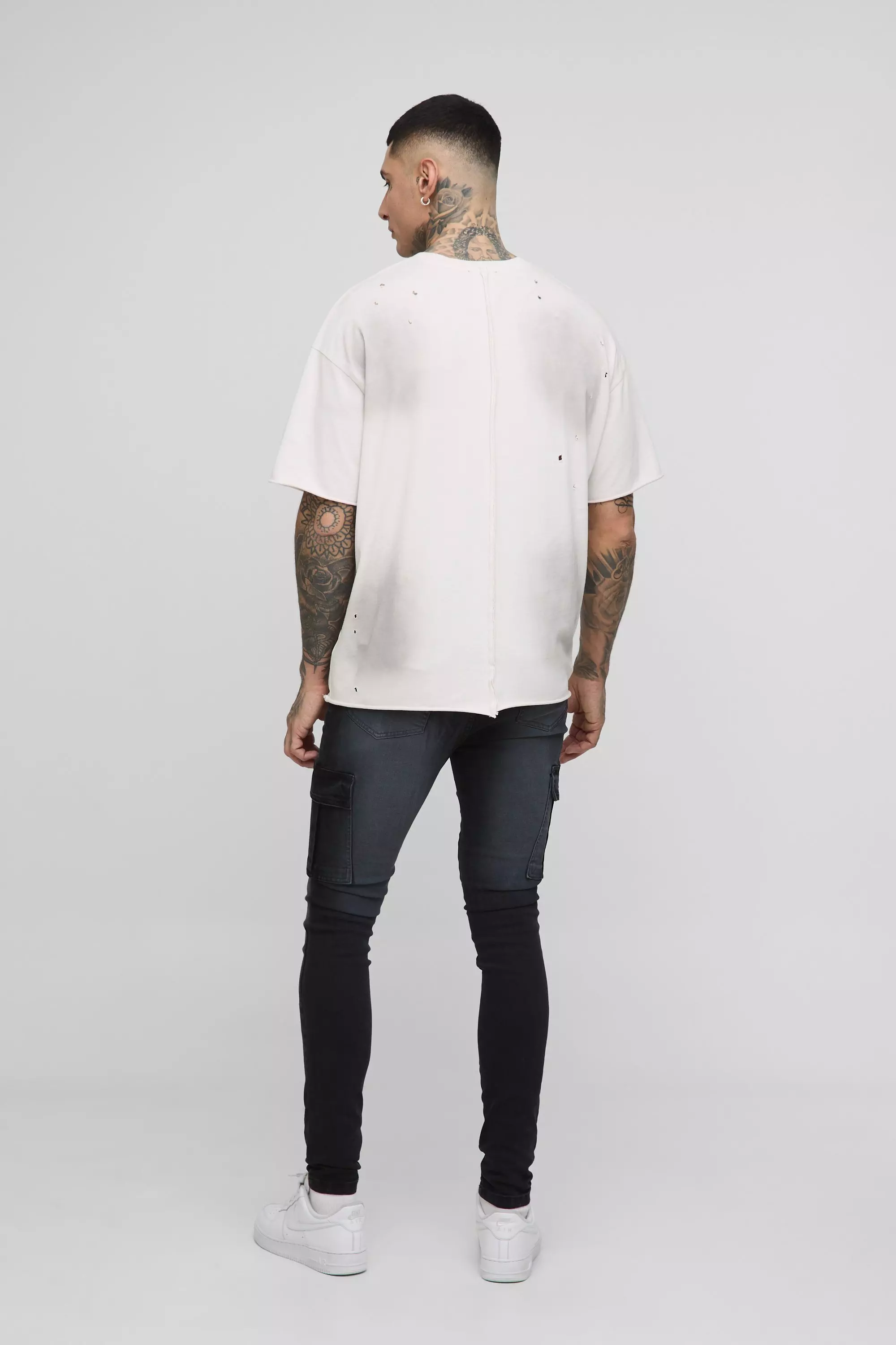 Tall Distressed Super Skinny Cargo Jeans | boohooMAN UK