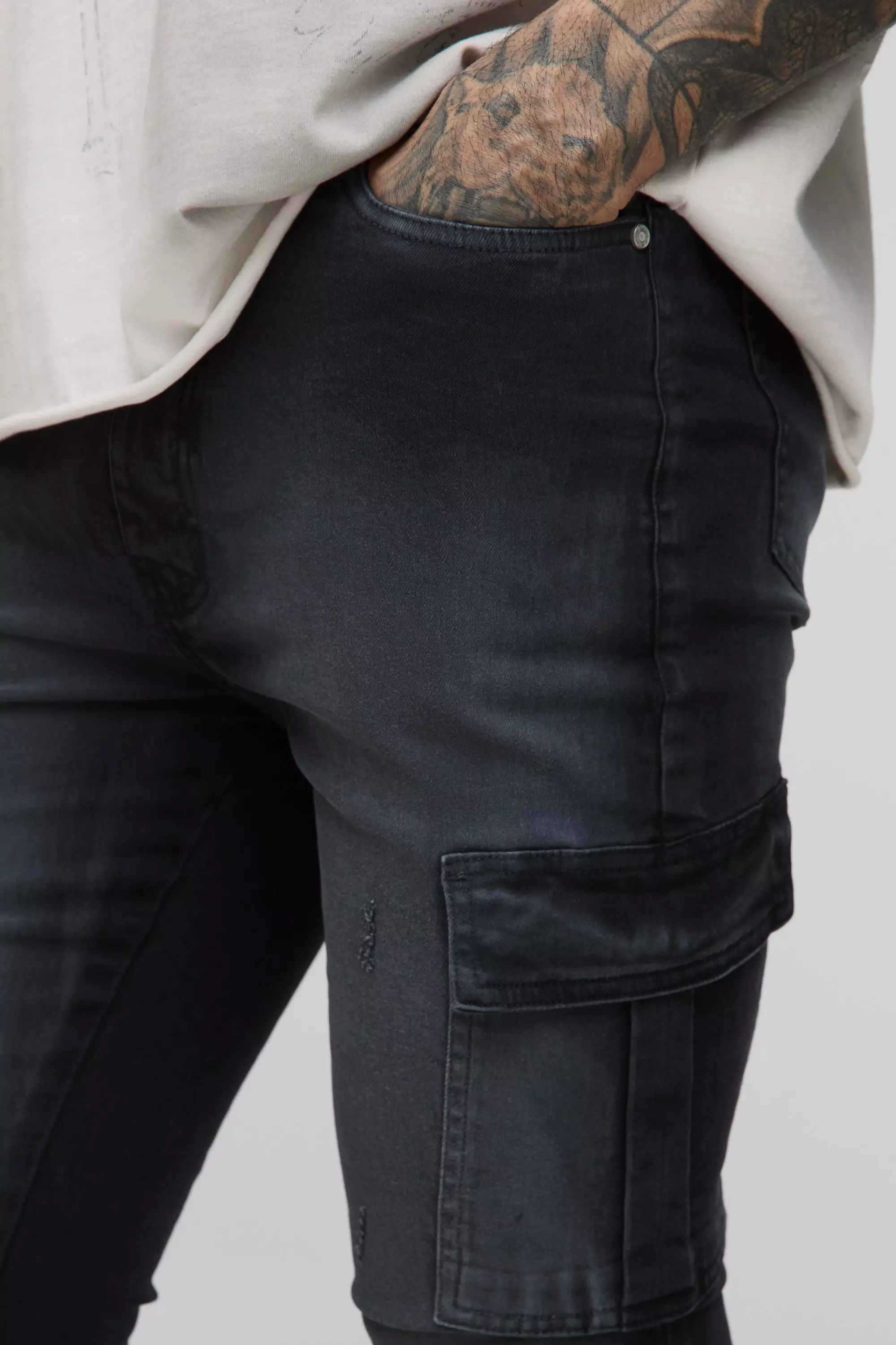 Tall Distressed Super Skinny Cargo Jeans | boohooMAN UK