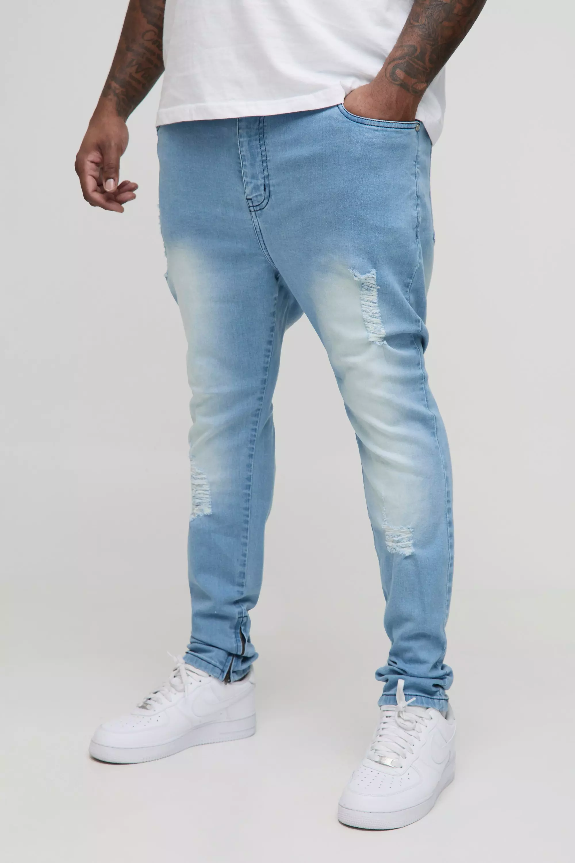 Plus Ripped Zip Hem Super Skinny Jeans | boohooMAN USA