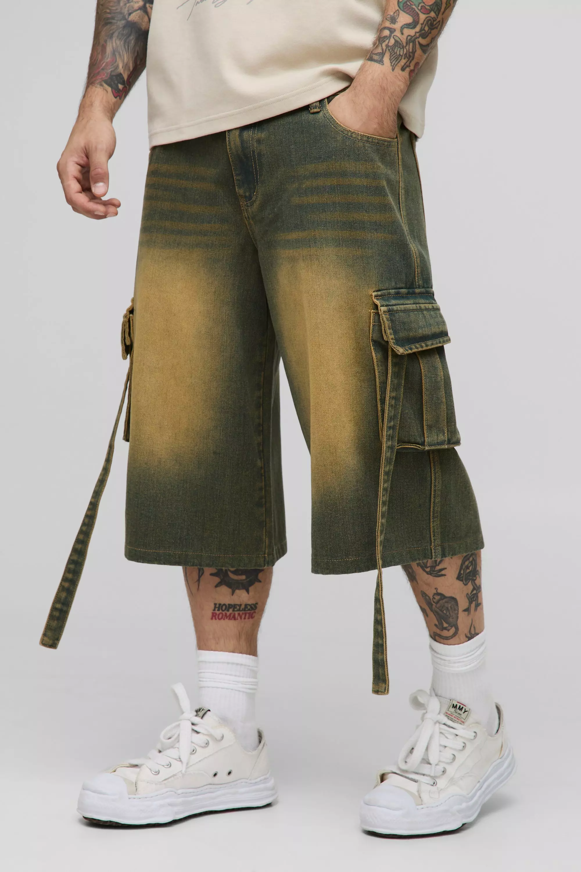 Longline Double Waistband Tinted Cargo Denim Jorts Green