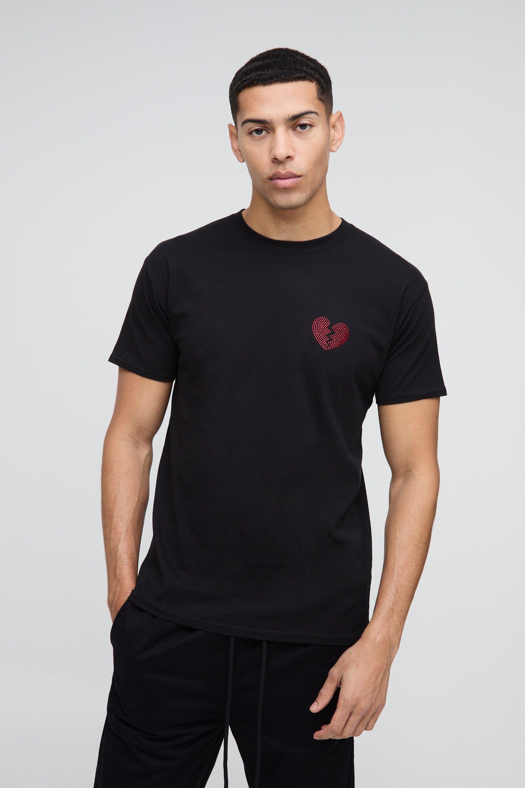 Regular Broken Heart Rhinestone Graphic T-Shirt | boohooMAN USA